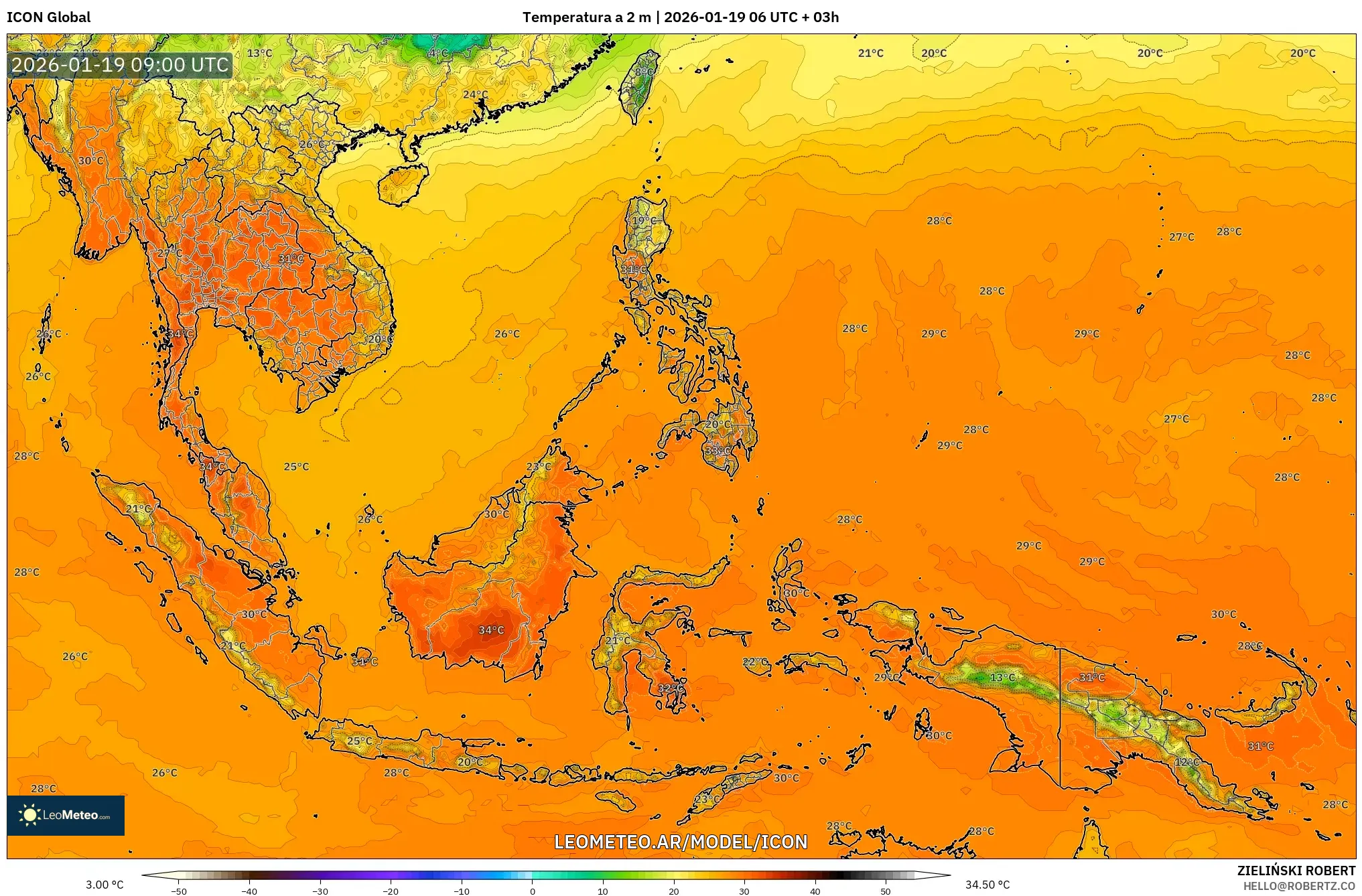 ICON model - Sudeste Asiático, Temperatura a 2 m