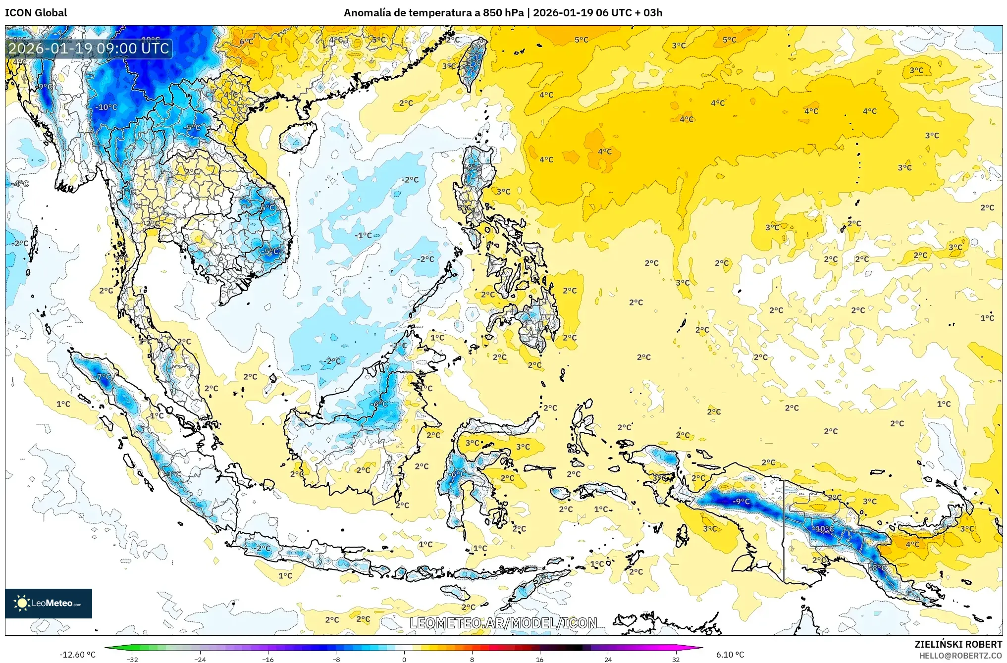 ICON model - Sudeste Asiático, Anomalía de temperatura a 850 hPa