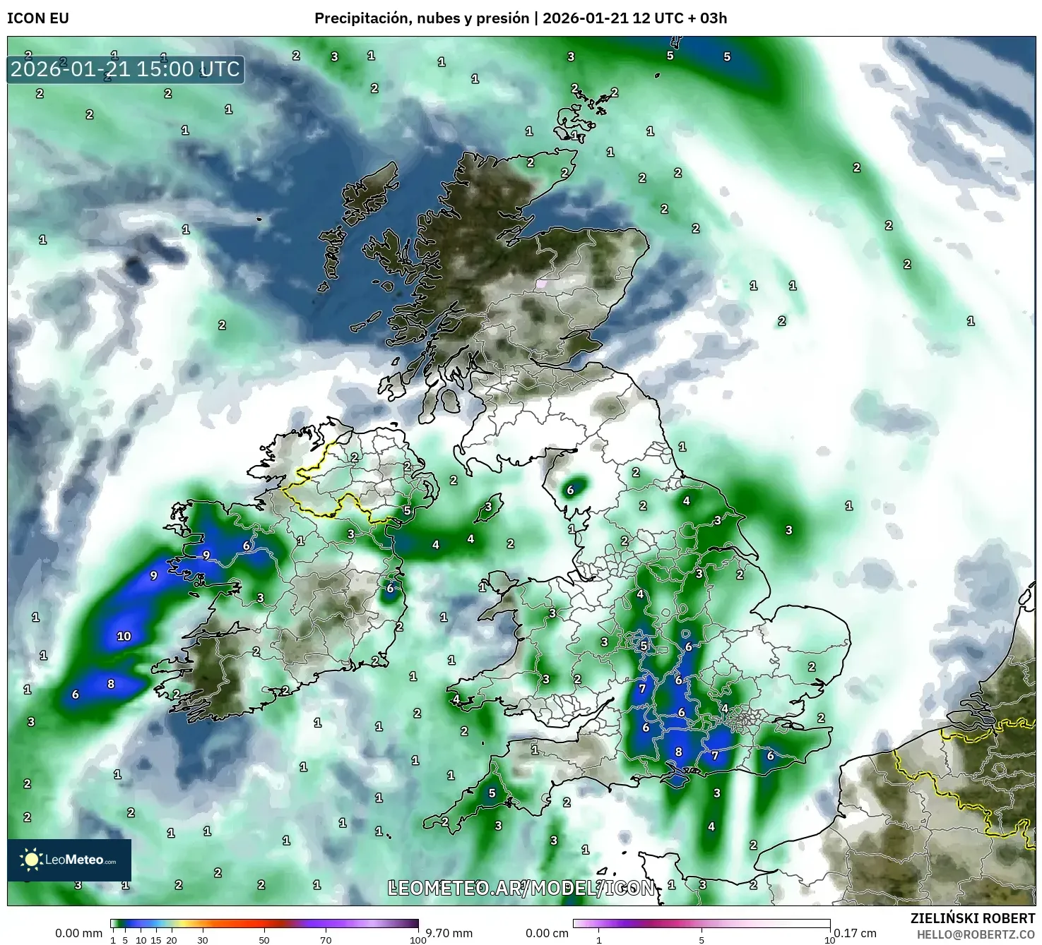 ICON model - Reino Unido, Precipitación, nubes y presión