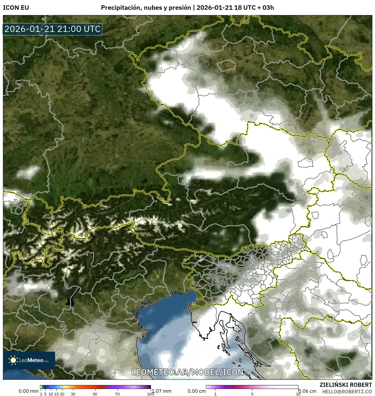 ICON model - Austria, Precipitación, nubes y presión
