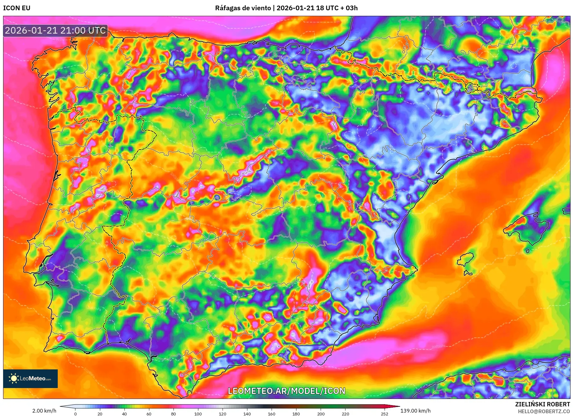 ICON model - España, Ráfagas de viento