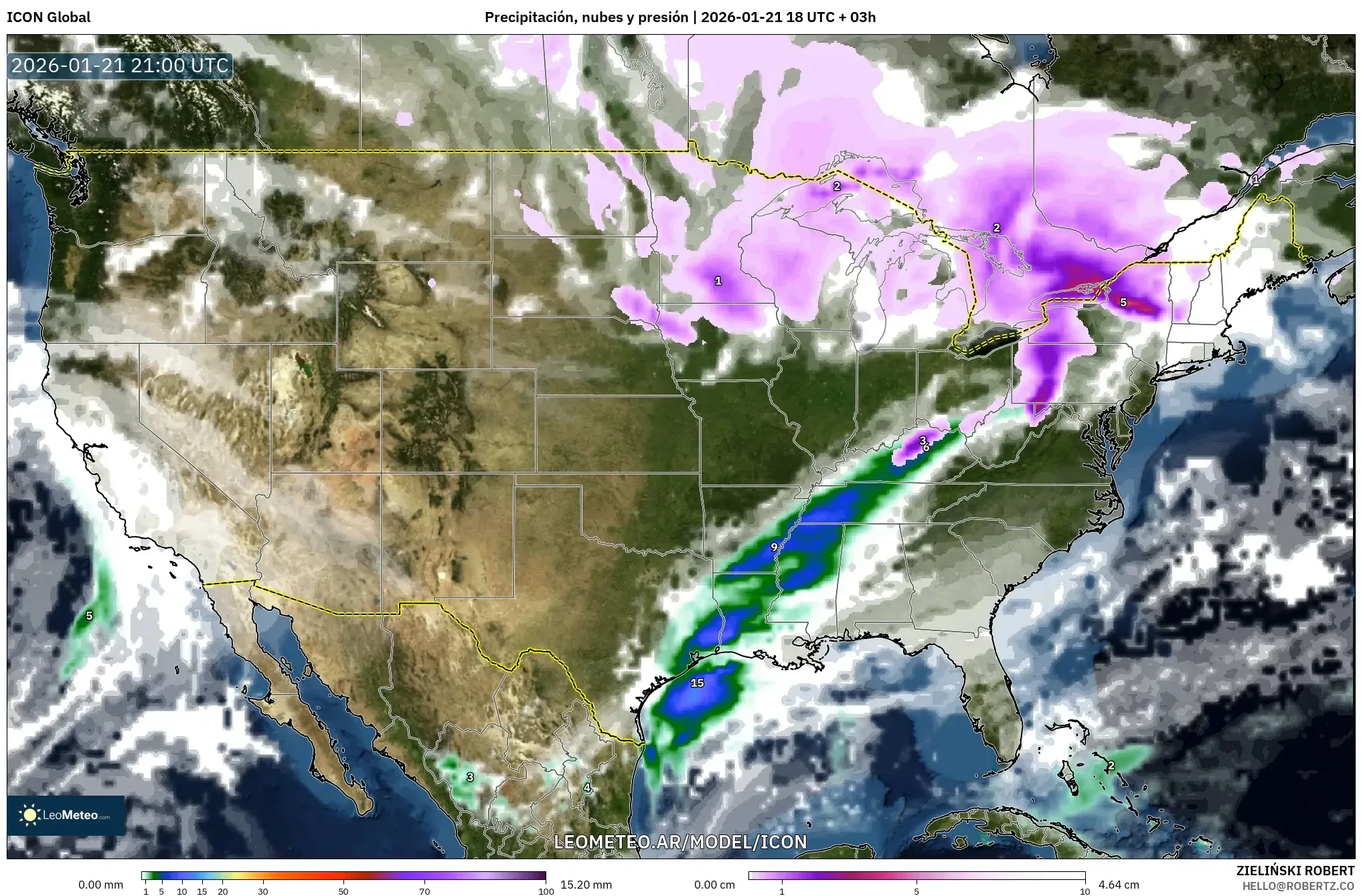 ICON model - Estados Unidos, Precipitación, nubes y presión