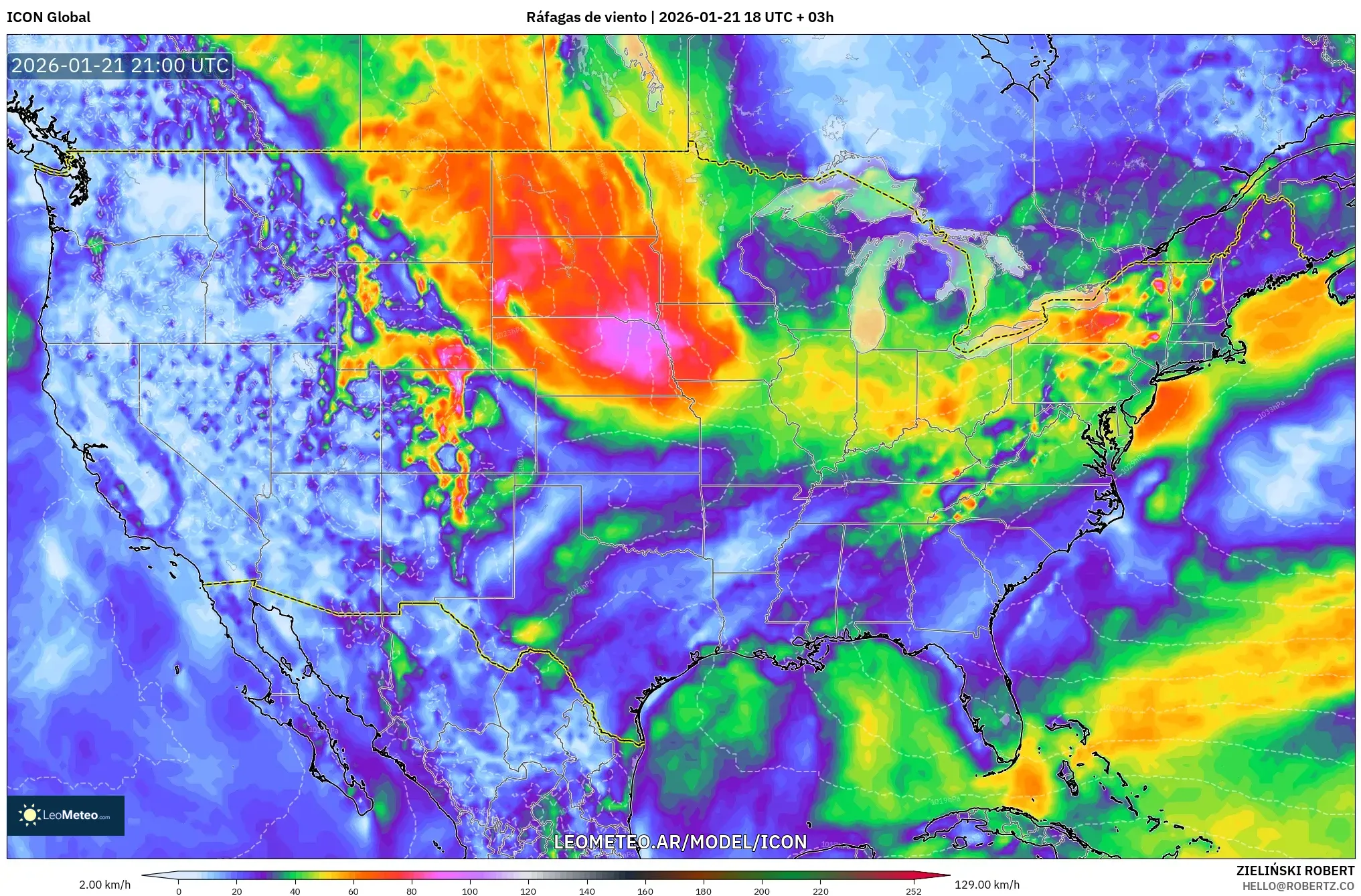ICON model - Estados Unidos, Ráfagas de viento