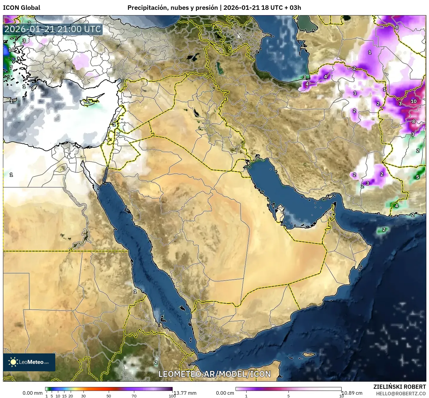ICON model - Oriente Medio, Precipitación, nubes y presión