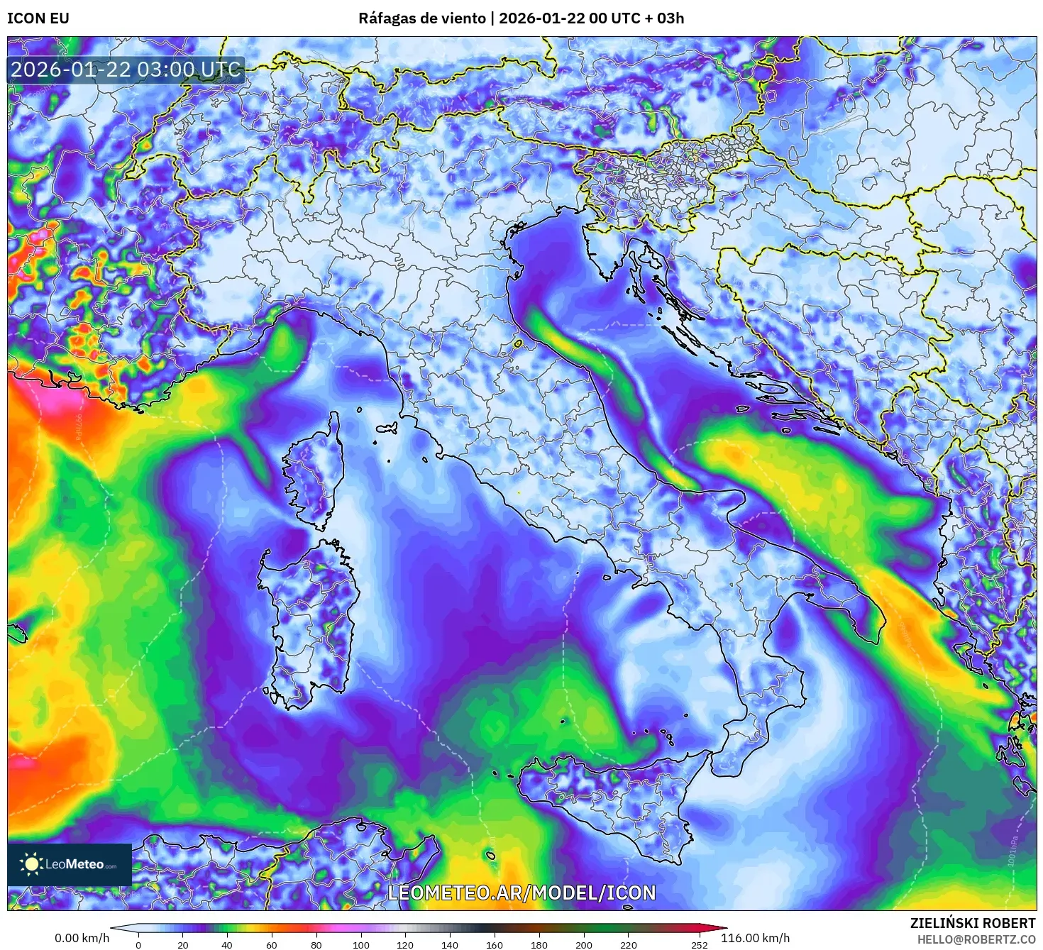ICON model - Italia, Ráfagas de viento