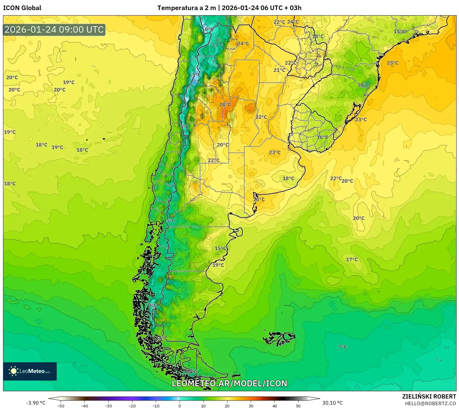ICON model - Argentina, Temperatura a 2 m