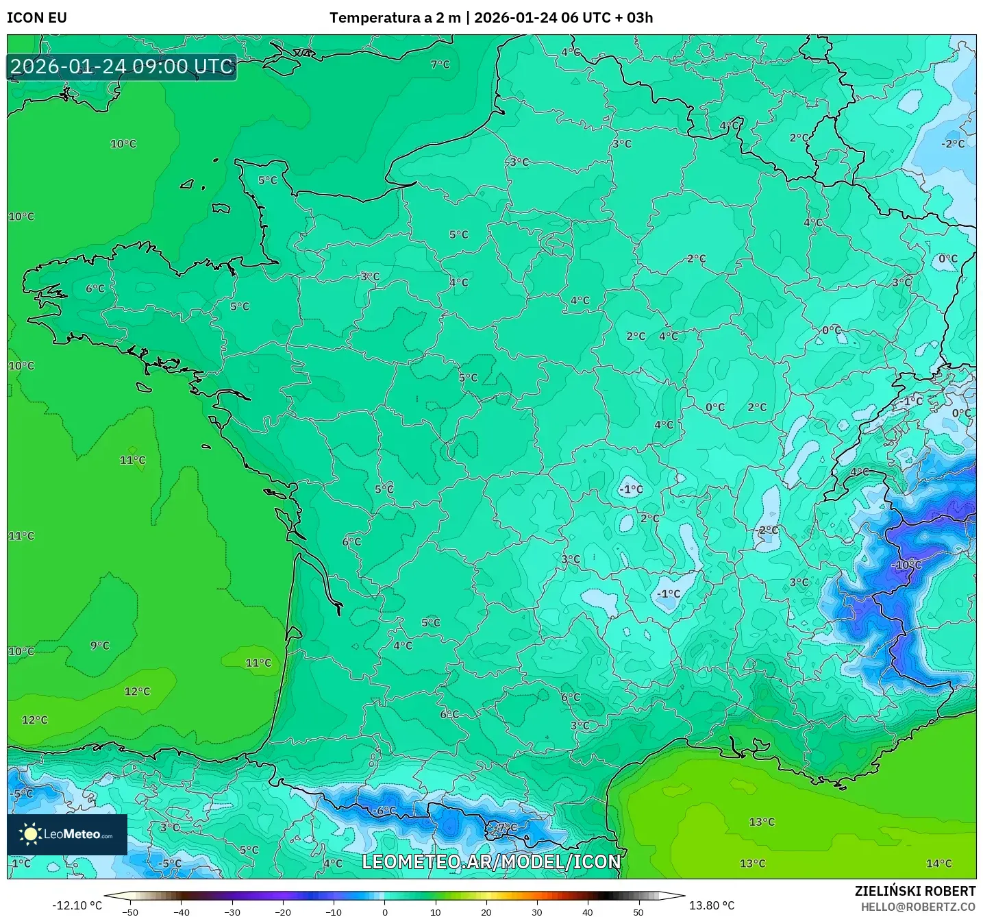 ICON model - Francia, Temperatura a 2 m