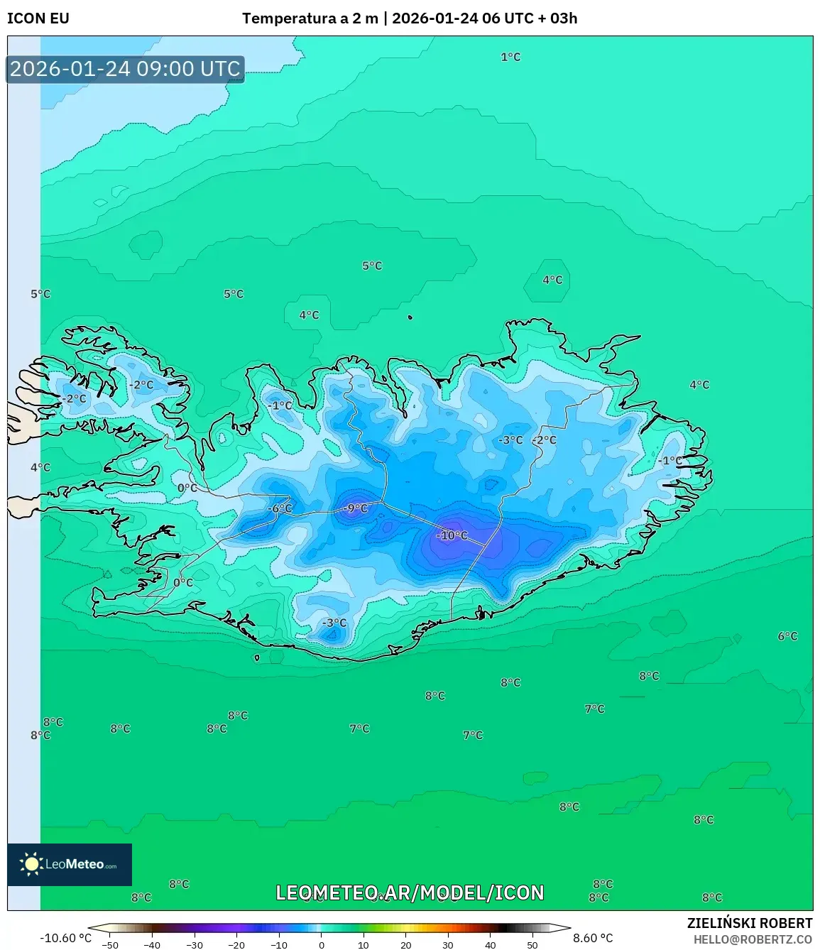 ICON model - Islandia, Temperatura a 2 m