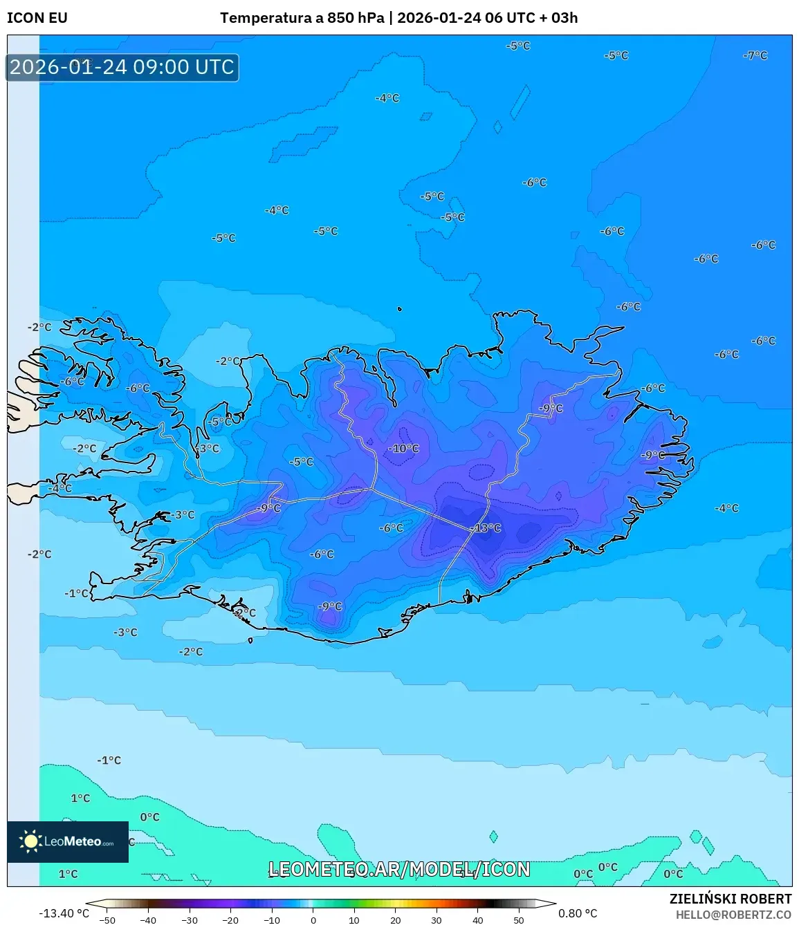 ICON model - Islandia, Temperatura a 850 hPa