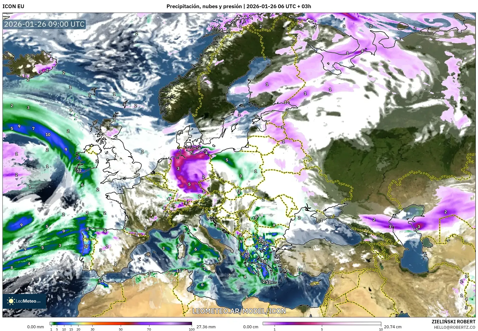 ICON model - Europa, Precipitación, nubes y presión