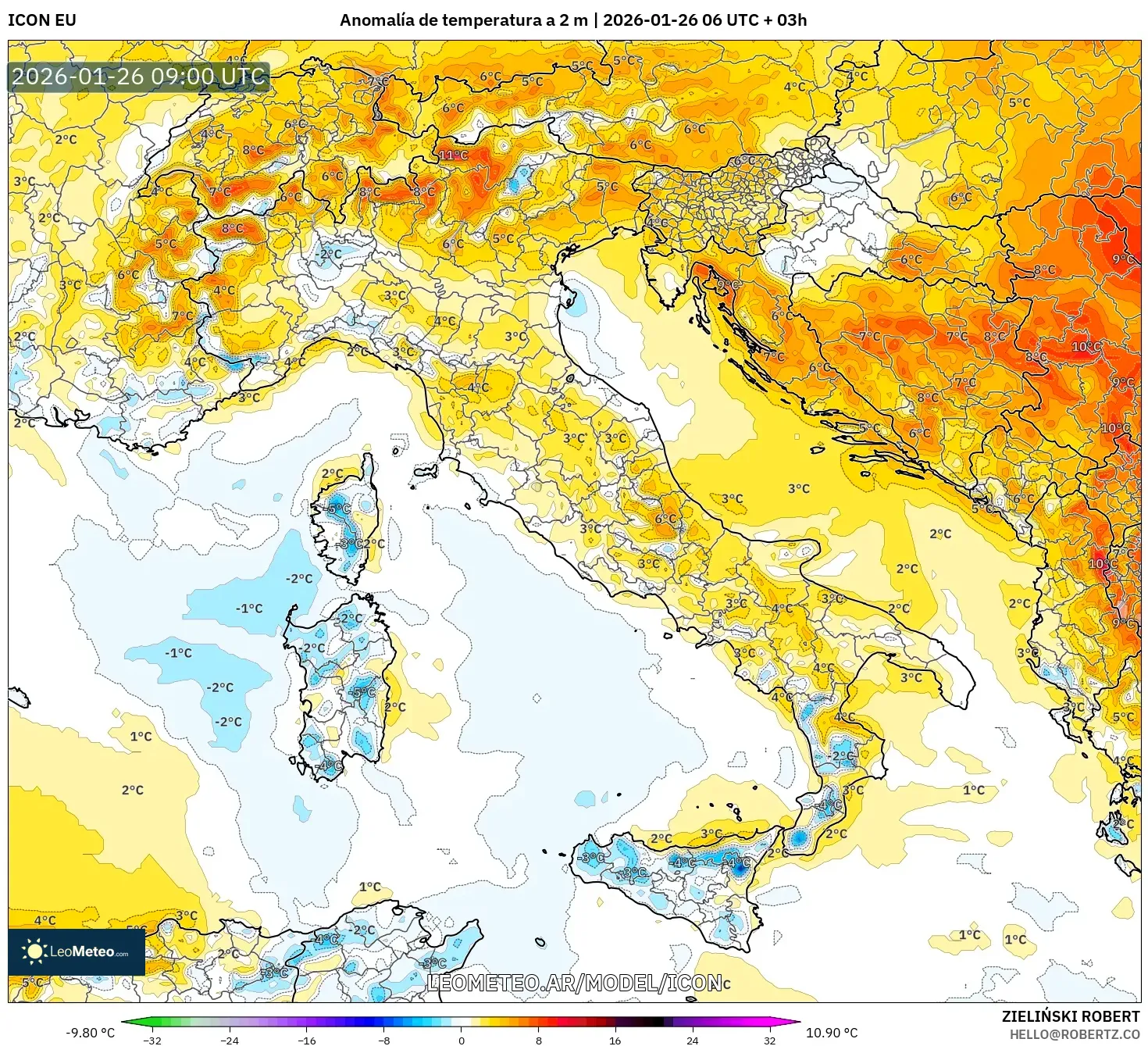 ICON model - Italia, Anomalía de temperatura a 2 m