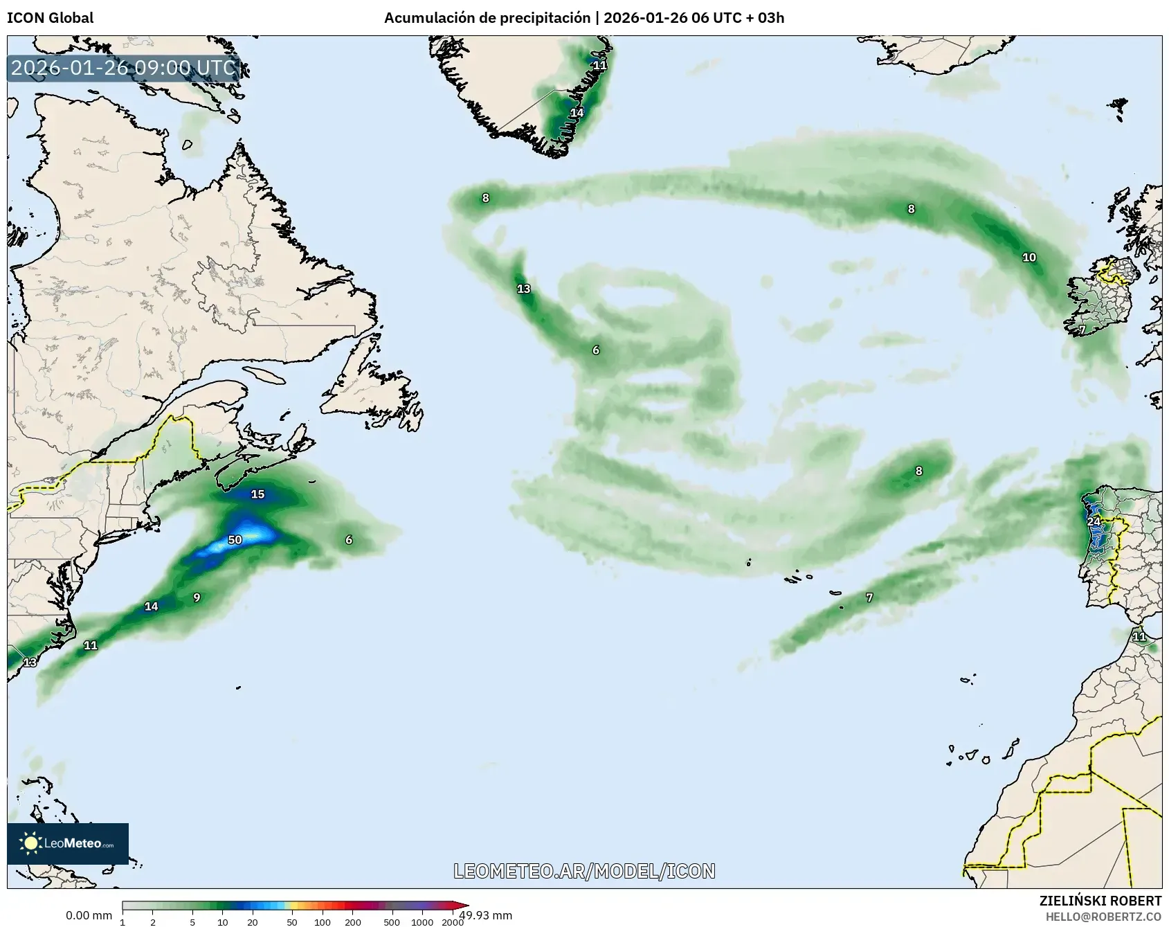 ICON model - Norte Atlántico, Acumulación de precipitación