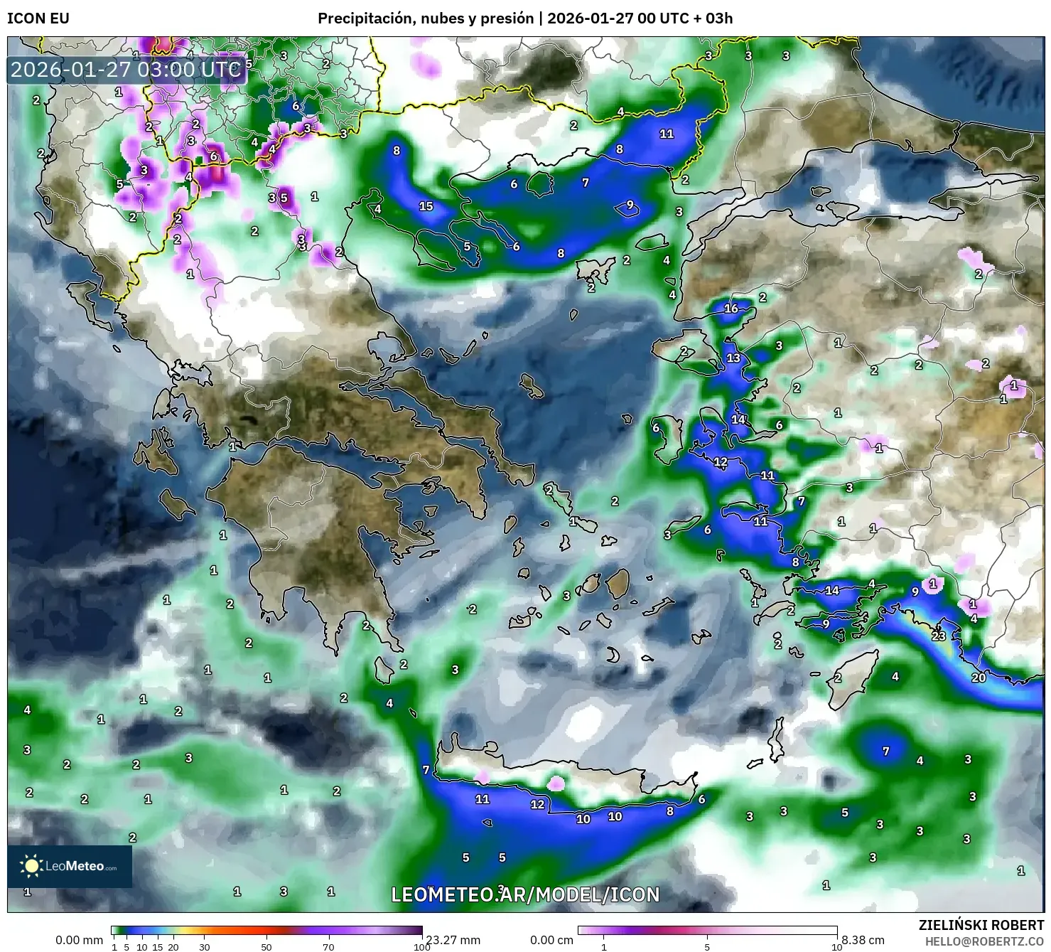 ICON model - Grecia, Precipitación, nubes y presión
