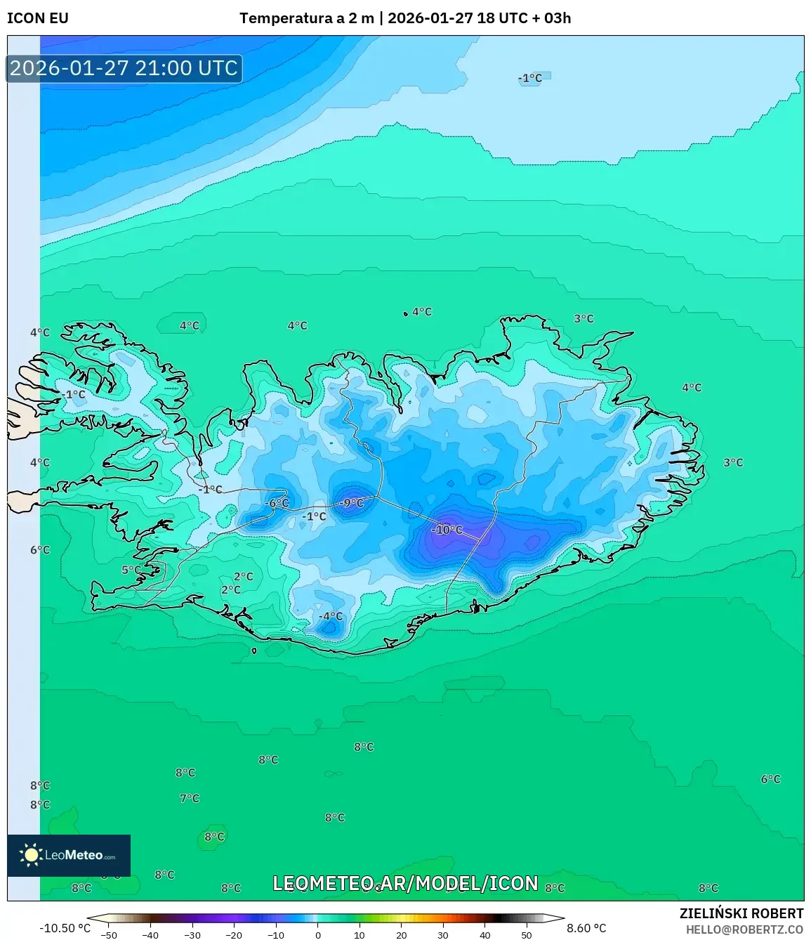 ICON model - Islandia, Temperatura a 2 m