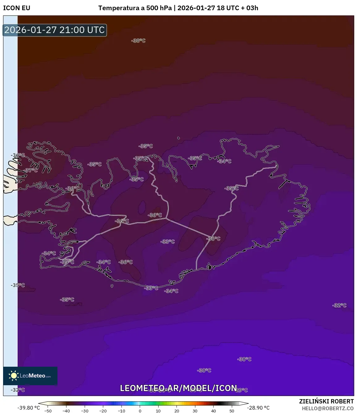 ICON model - Islandia, Temperatura a 500 hPa