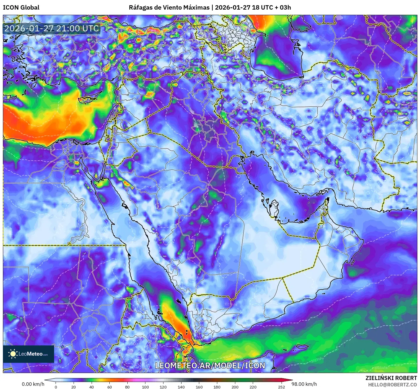 ICON model - Oriente Medio, Ráfagas de Viento Máximas