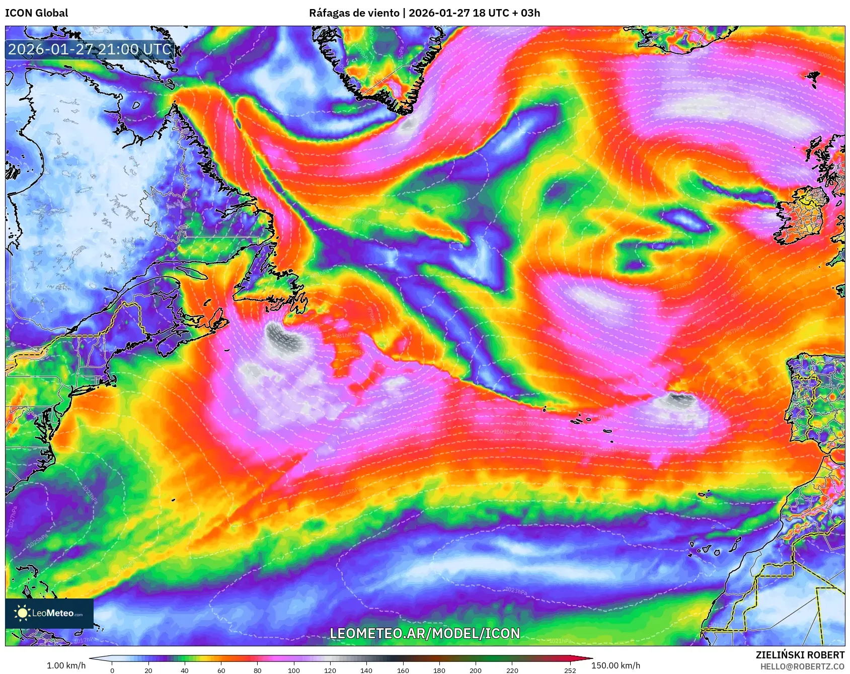 ICON model - Norte Atlántico, Ráfagas de viento
