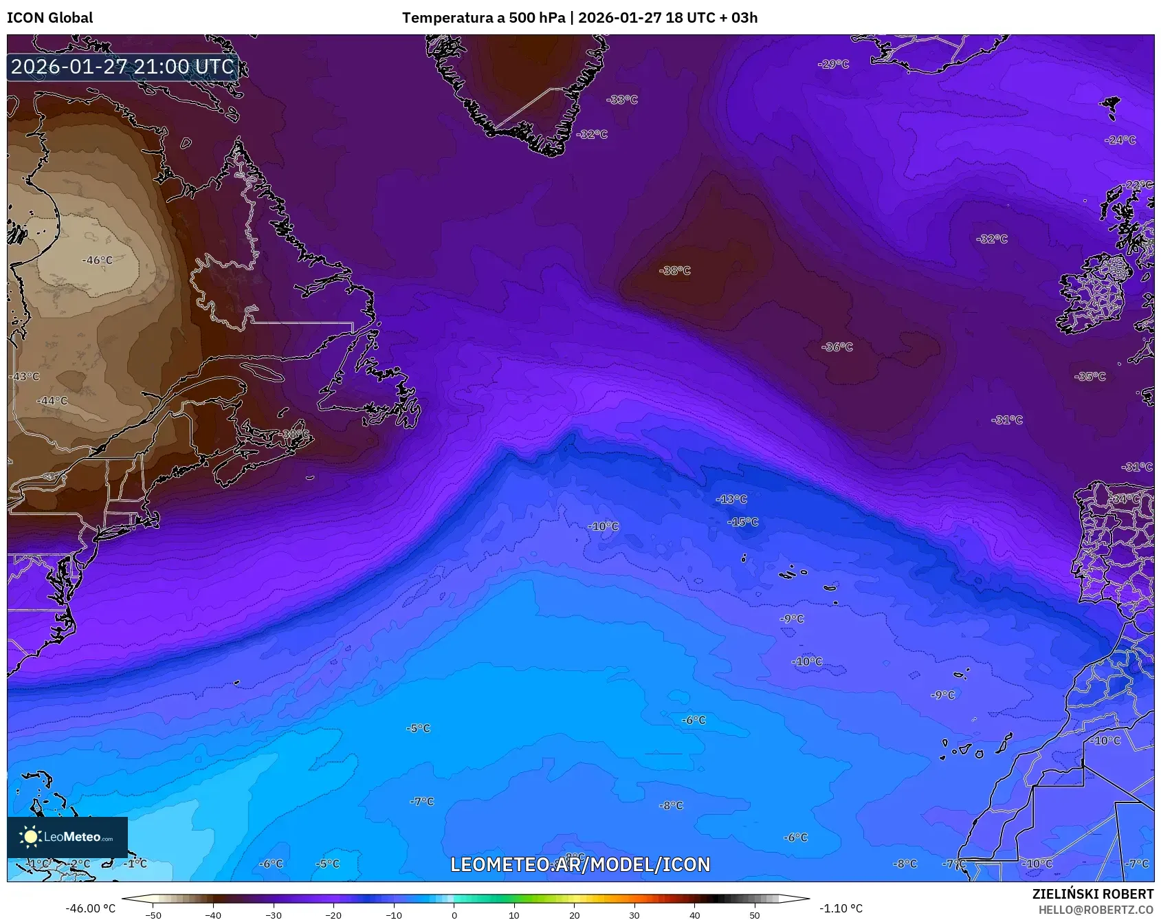 ICON model - Norte Atlántico, Temperatura a 500 hPa