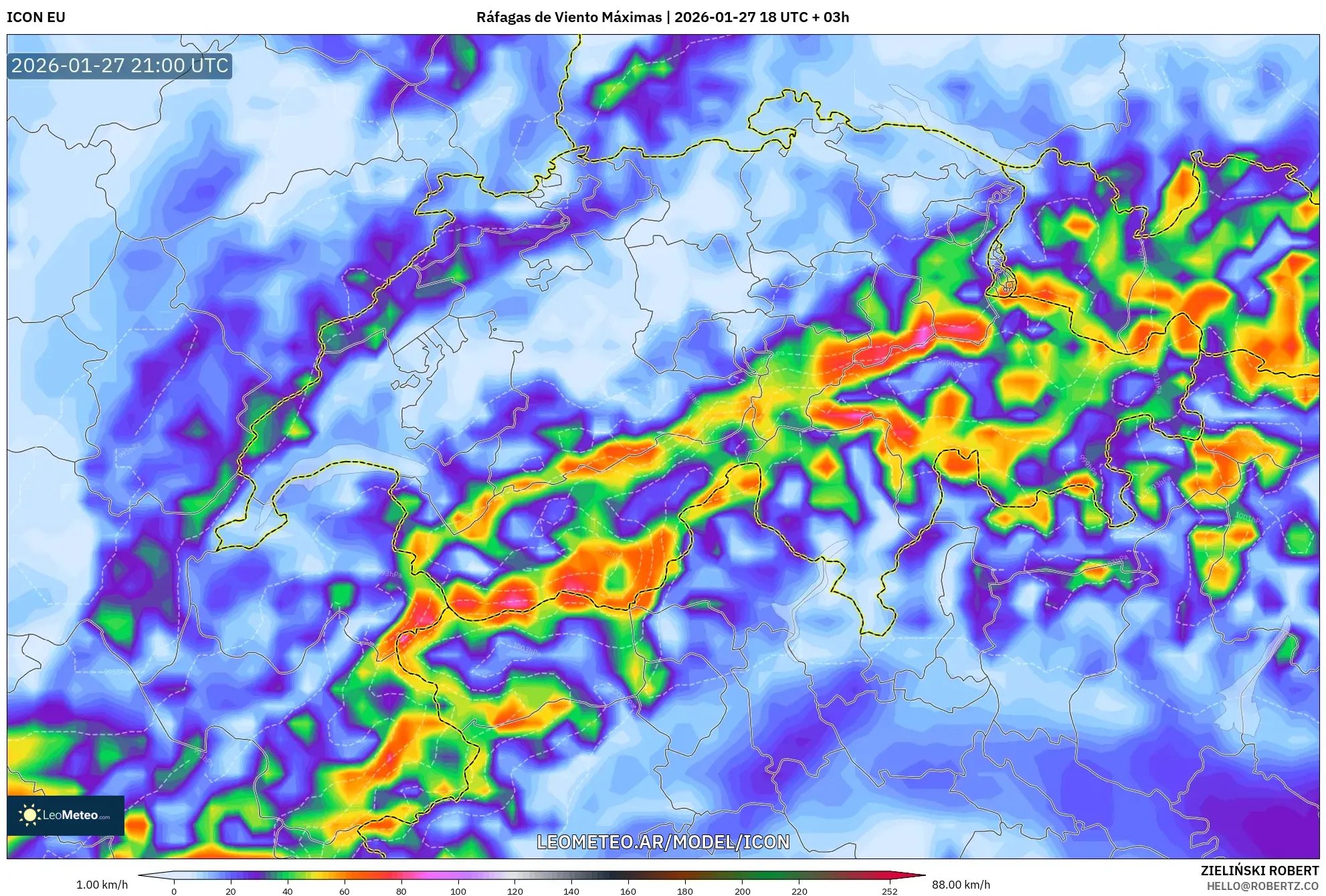 ICON model - Suiza, Ráfagas de Viento Máximas