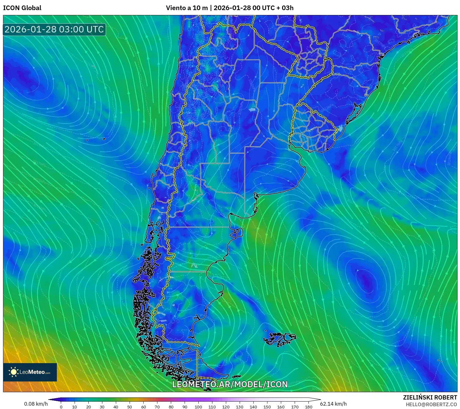 ICON model - Argentina, Viento a 10 m