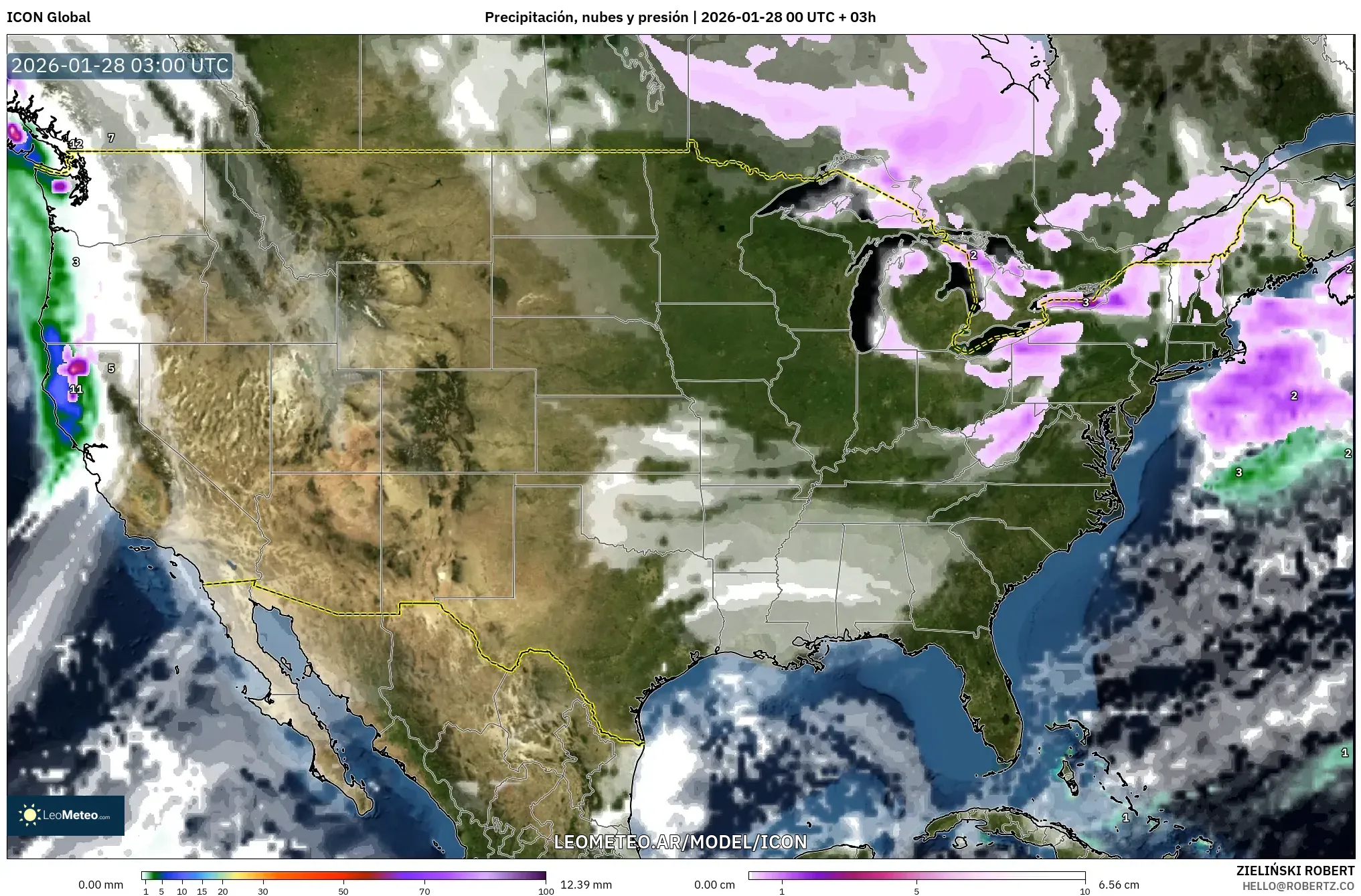 ICON model - Estados Unidos, Precipitación, nubes y presión