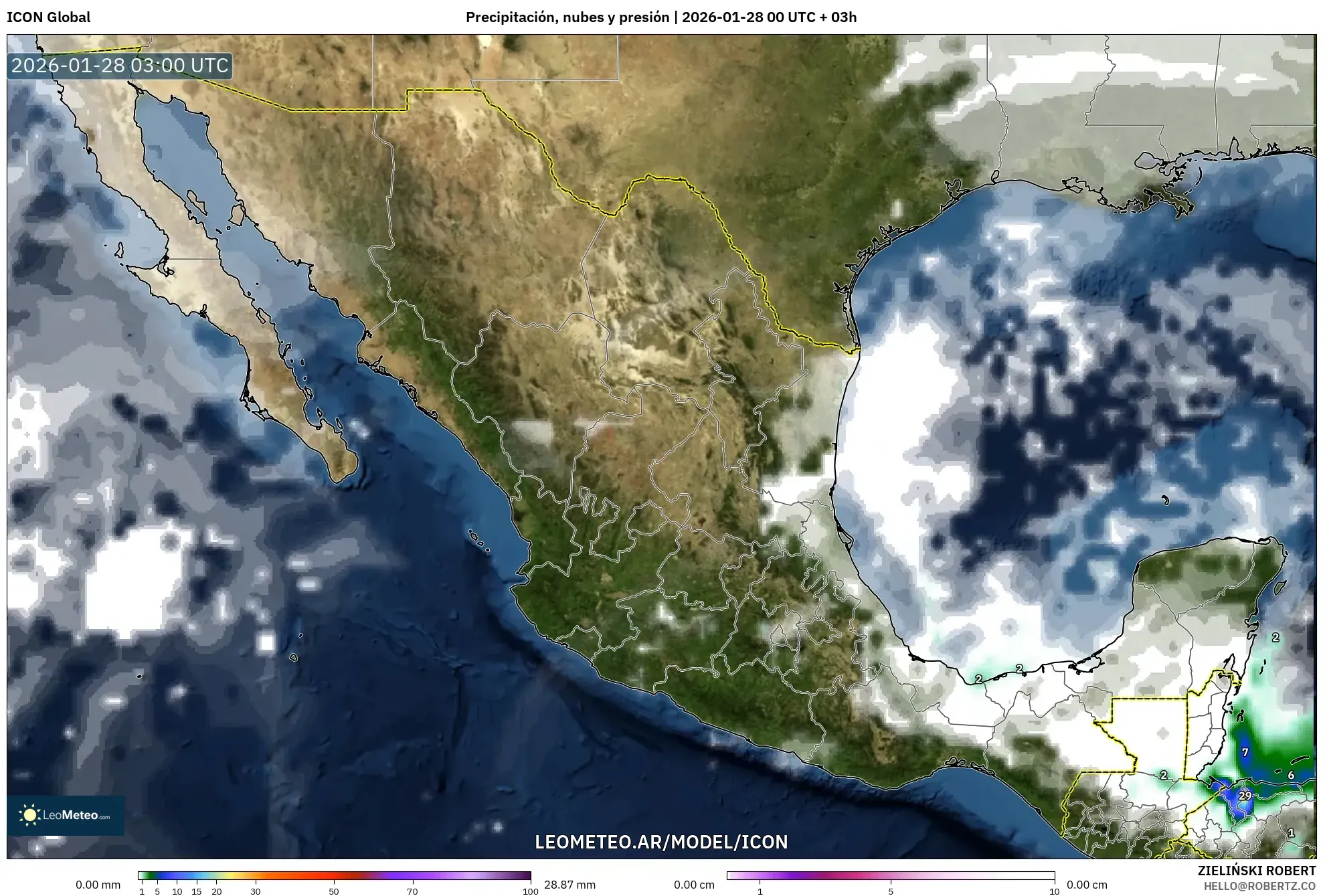ICON model - México, Precipitación, nubes y presión
