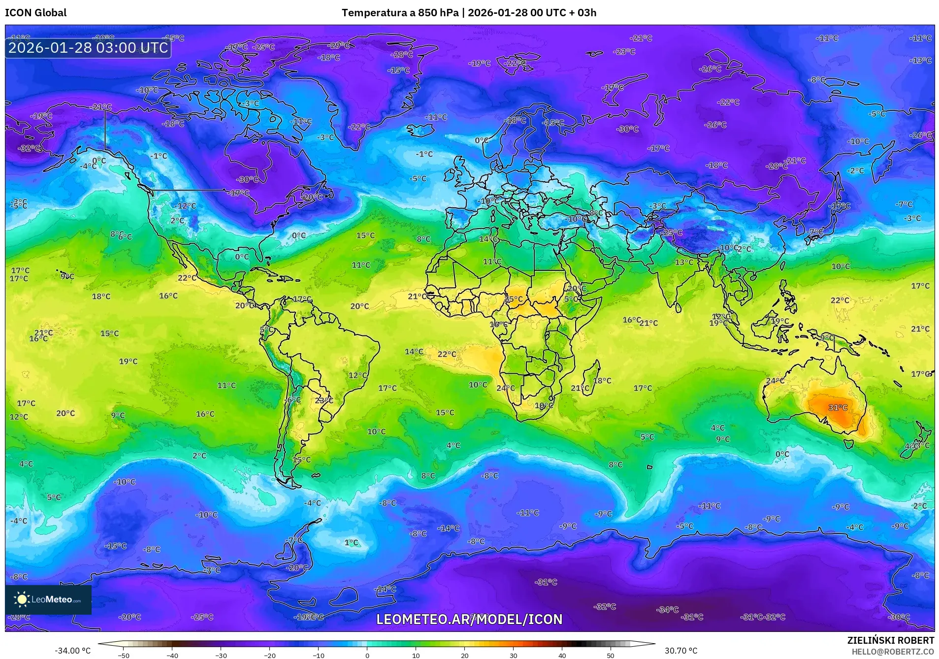ICON model - Mundo, Temperatura a 850 hPa