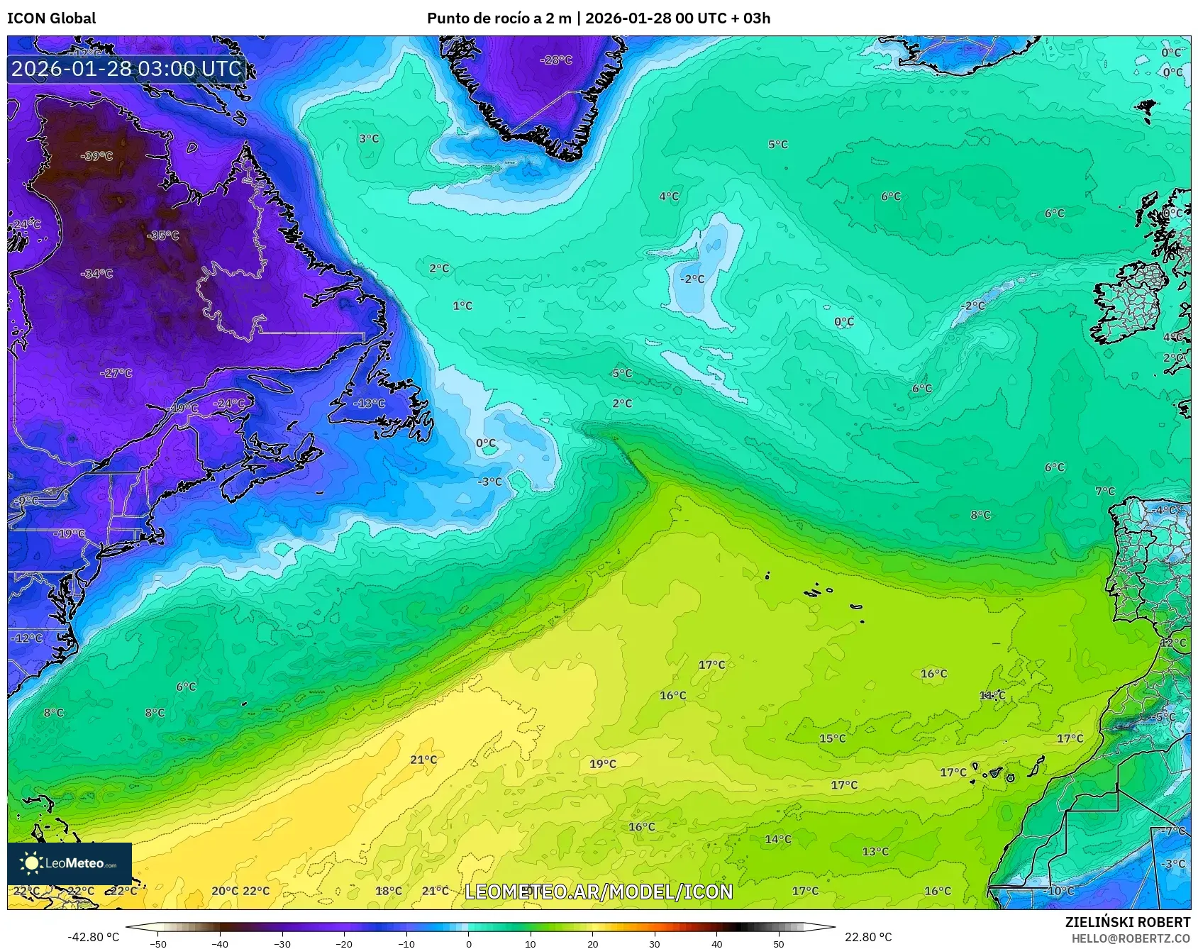 ICON model - Norte Atlántico, Punto de rocío a 2 m