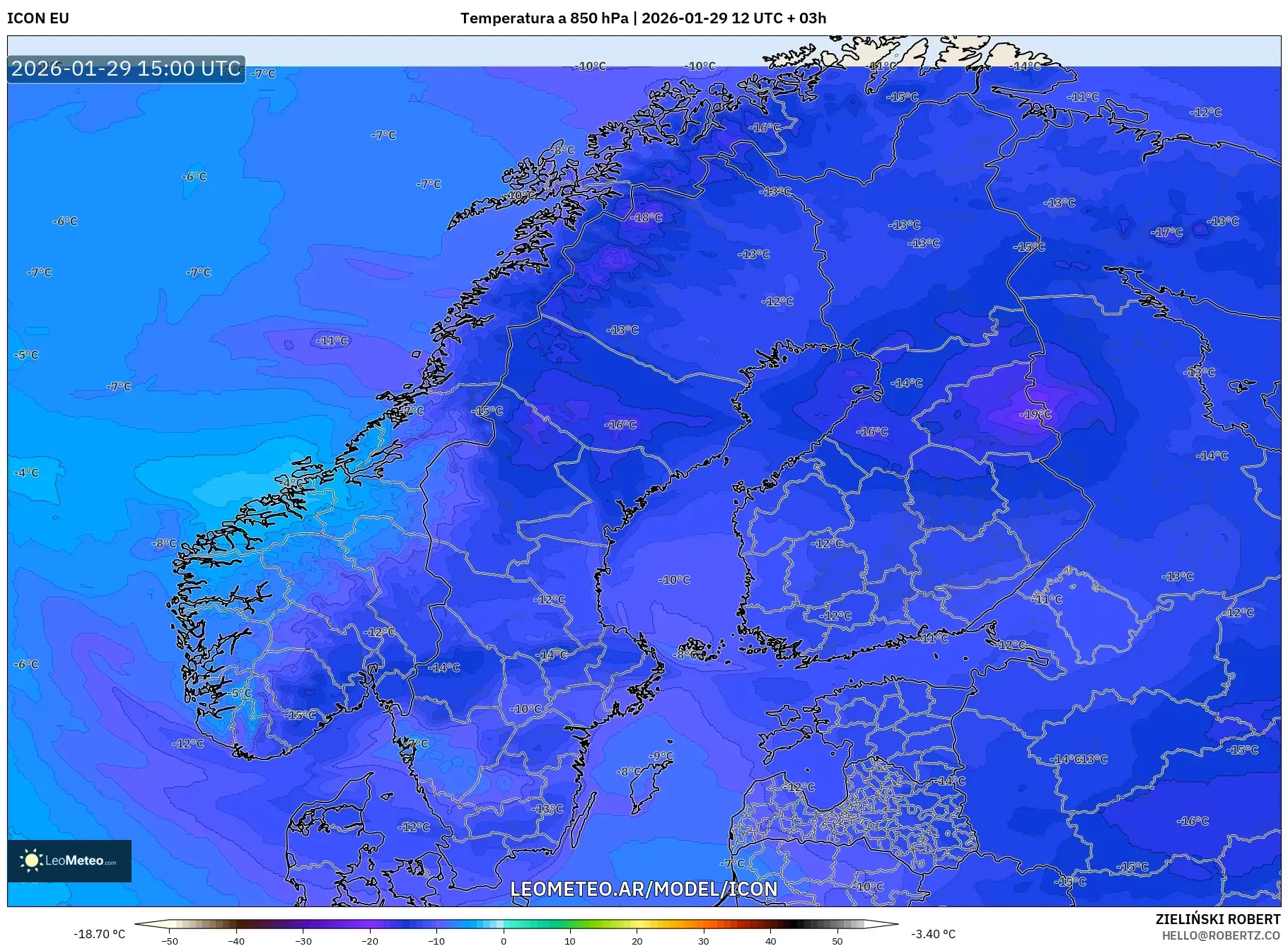 ICON model - Escandinavia, Temperatura a 850 hPa
