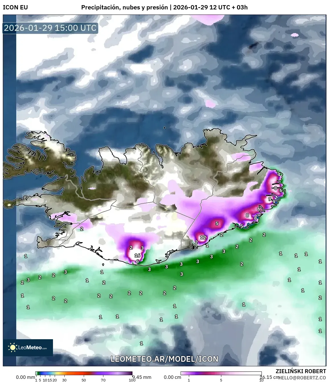 ICON model - Islandia, Precipitación, nubes y presión