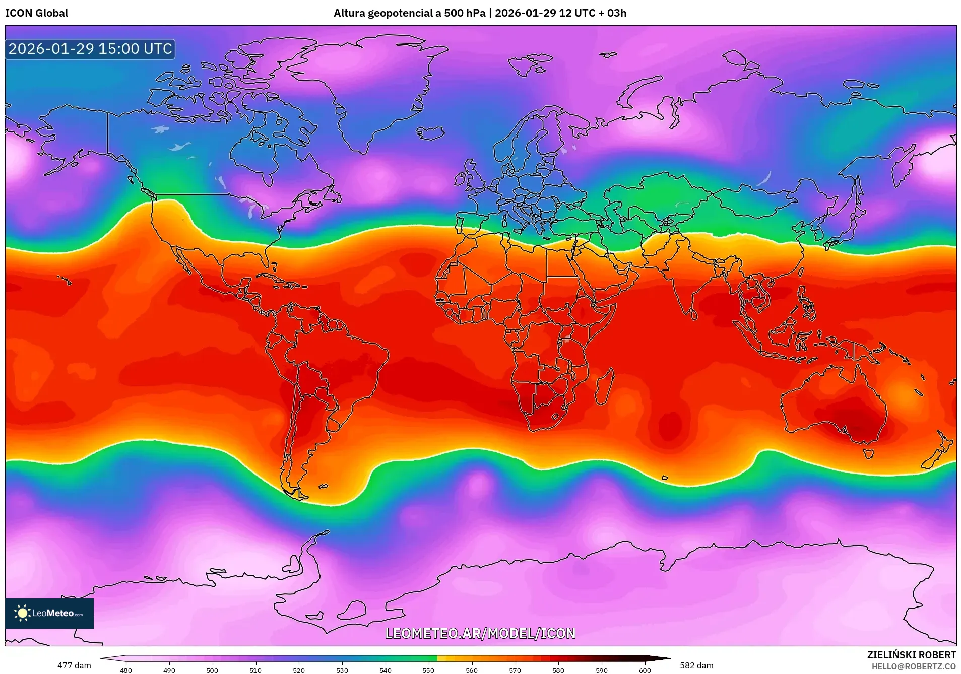 ICON model - Mundo, Altura geopotencial a 500 hPa