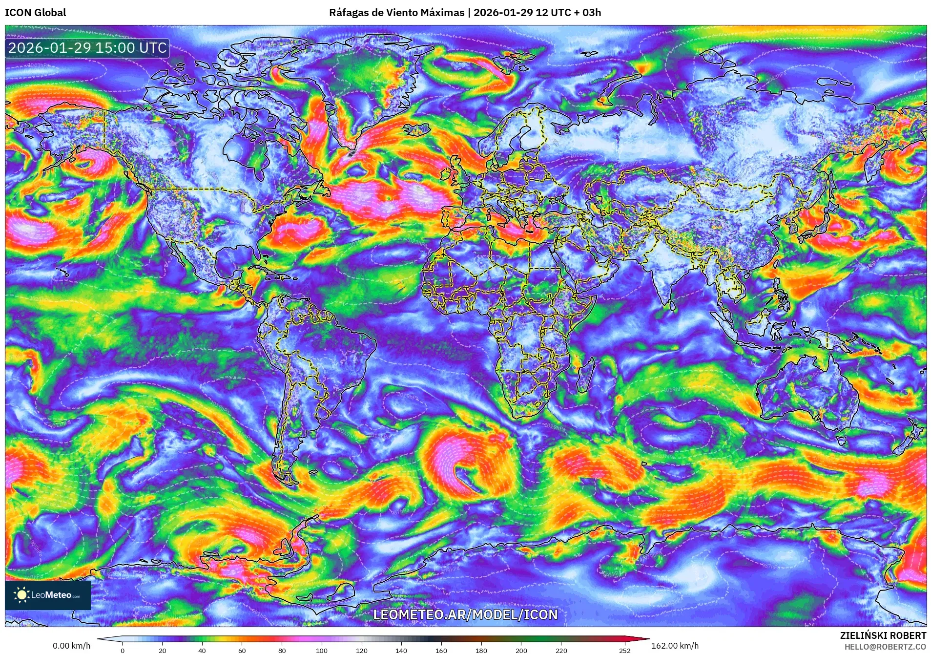ICON model - Mundo, Ráfagas de Viento Máximas