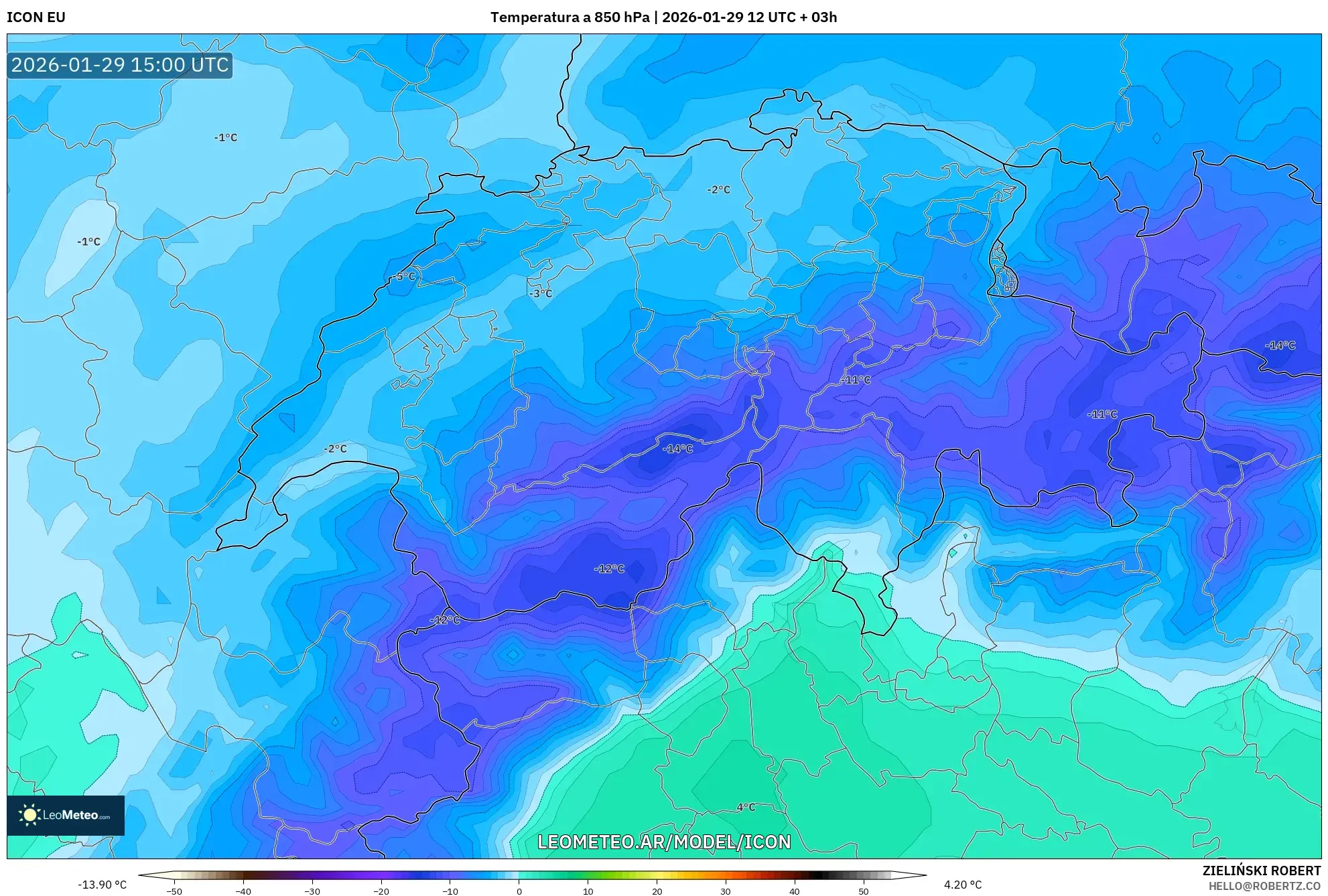 ICON model - Suiza, Temperatura a 850 hPa