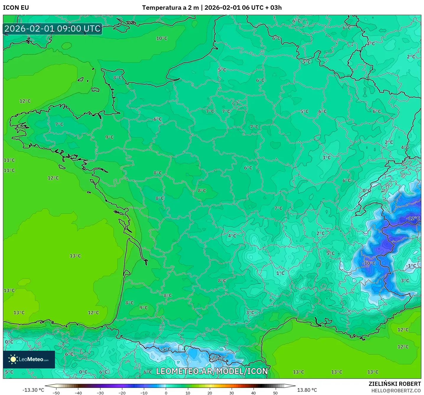 ICON model - Francia, Temperatura a 2 m