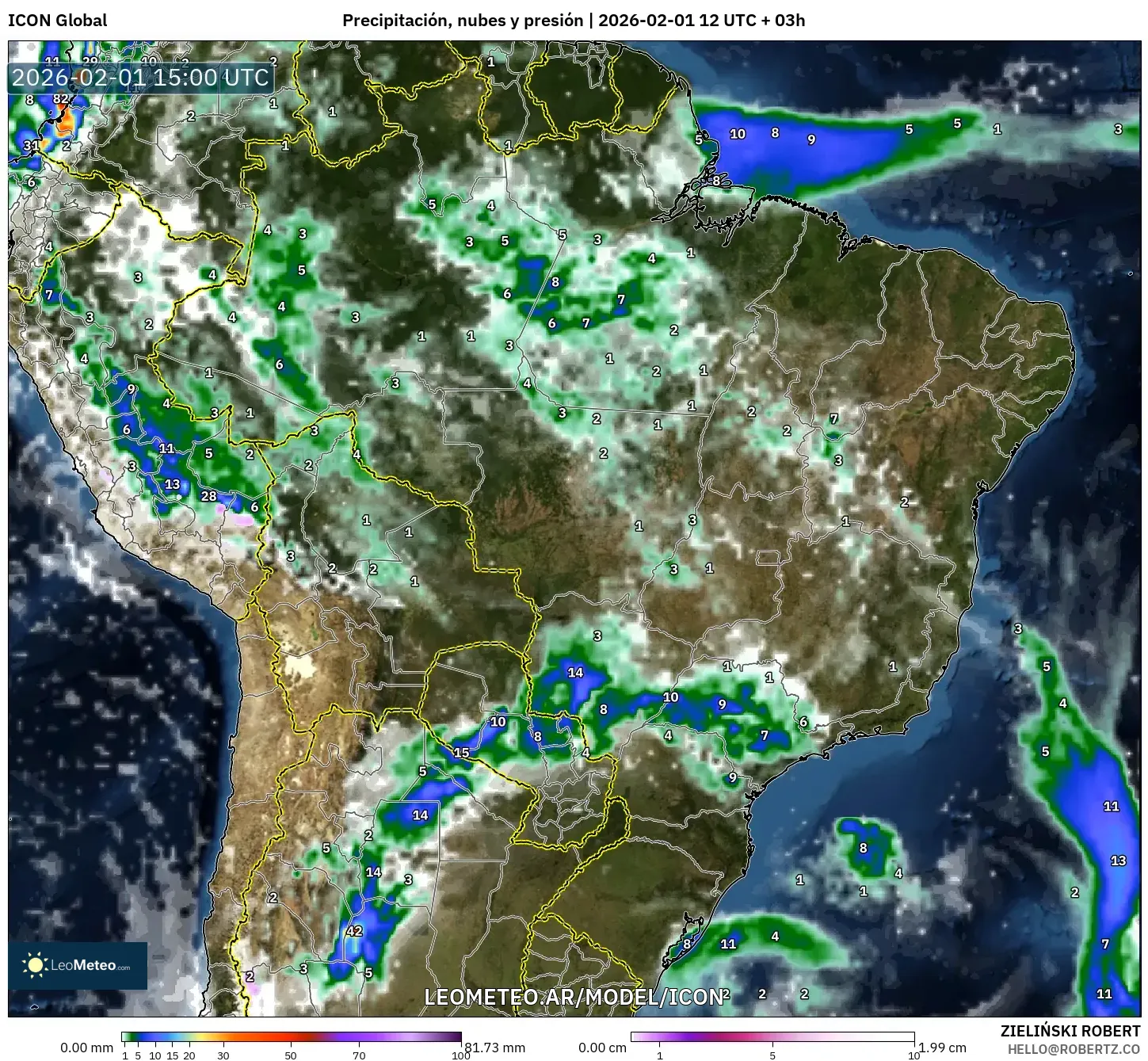 ICON model - Brasil, Precipitación, nubes y presión