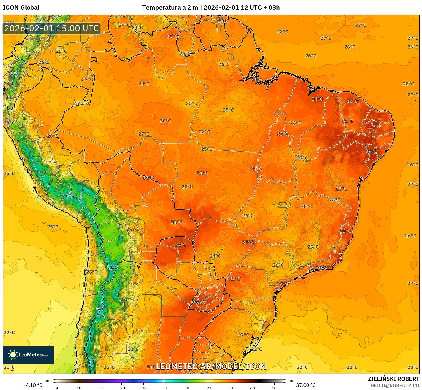 ICON model - Brasil, Temperatura a 2 m
