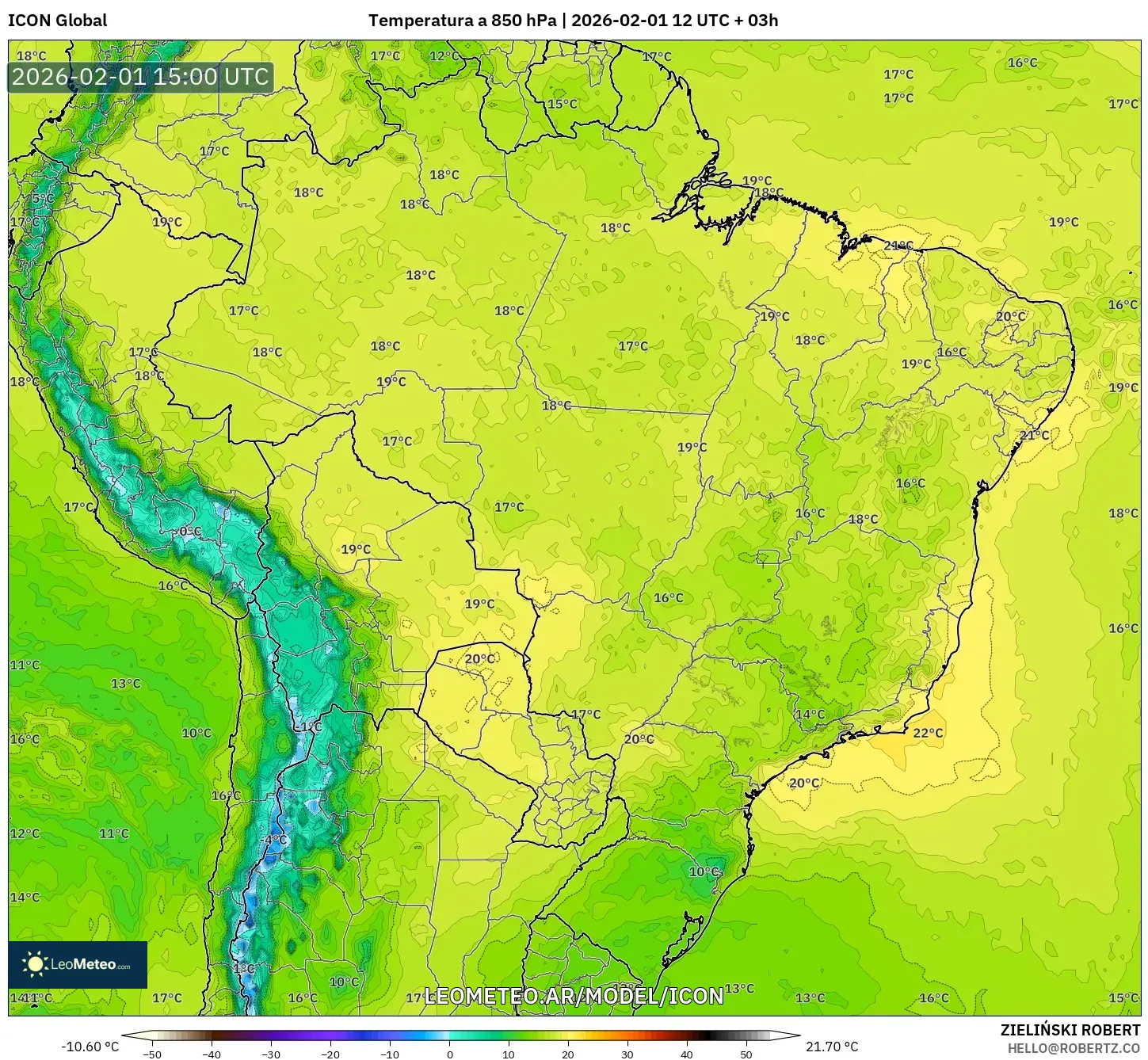 ICON model - Brasil, Temperatura a 850 hPa