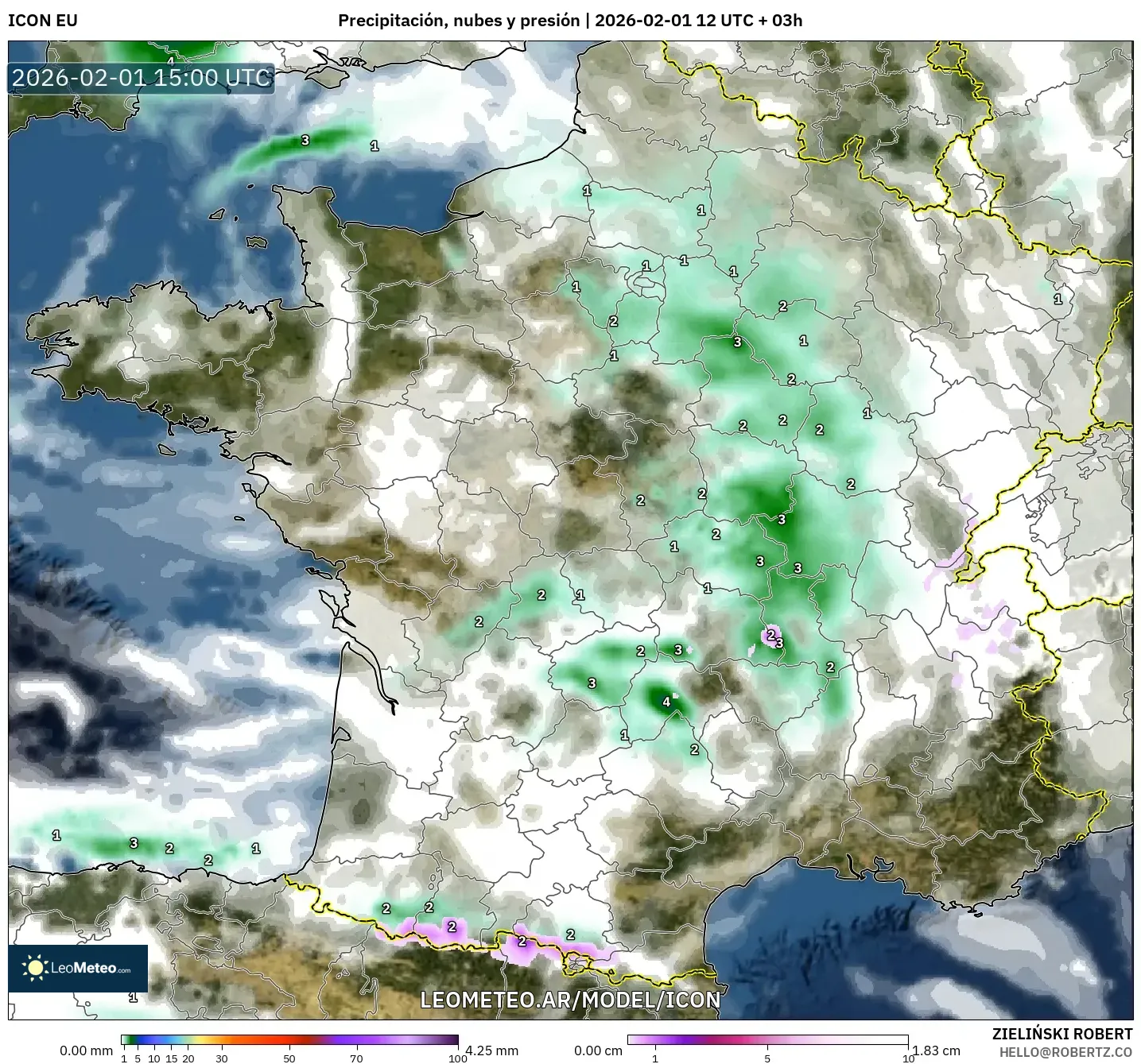 ICON model - Francia, Precipitación, nubes y presión