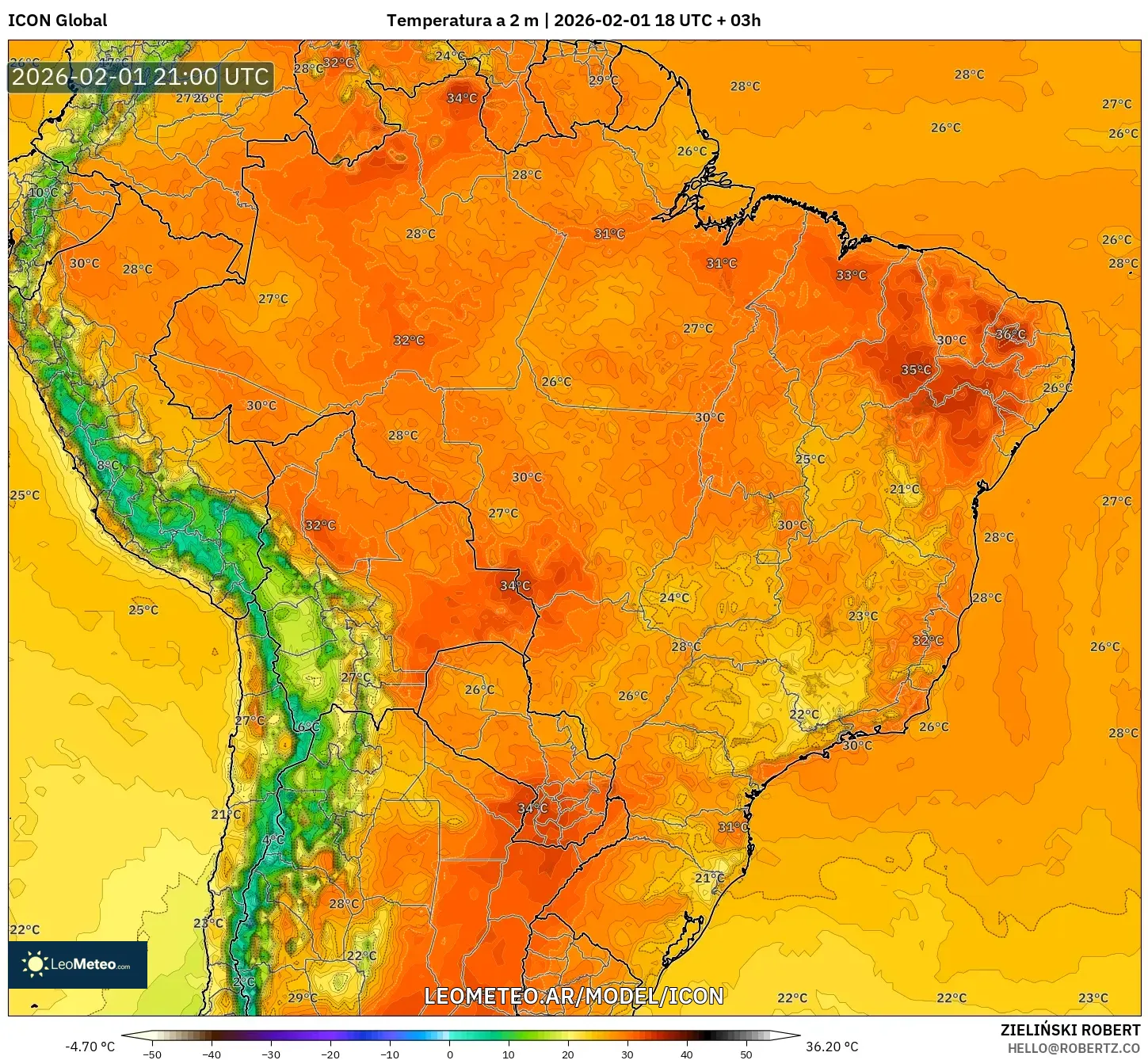 ICON model - Brasil, Temperatura a 2 m