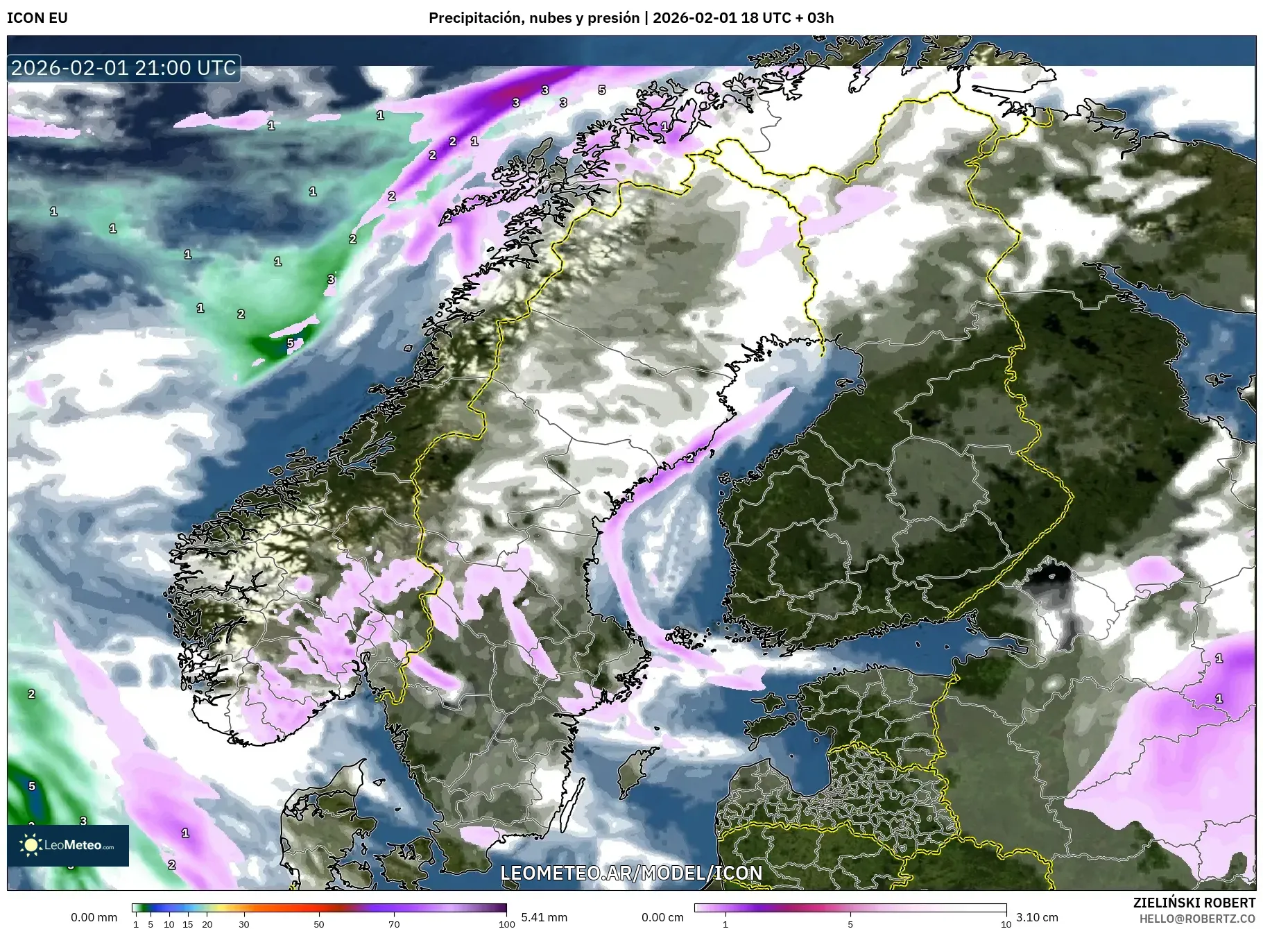 ICON model - Escandinavia, Precipitación, nubes y presión