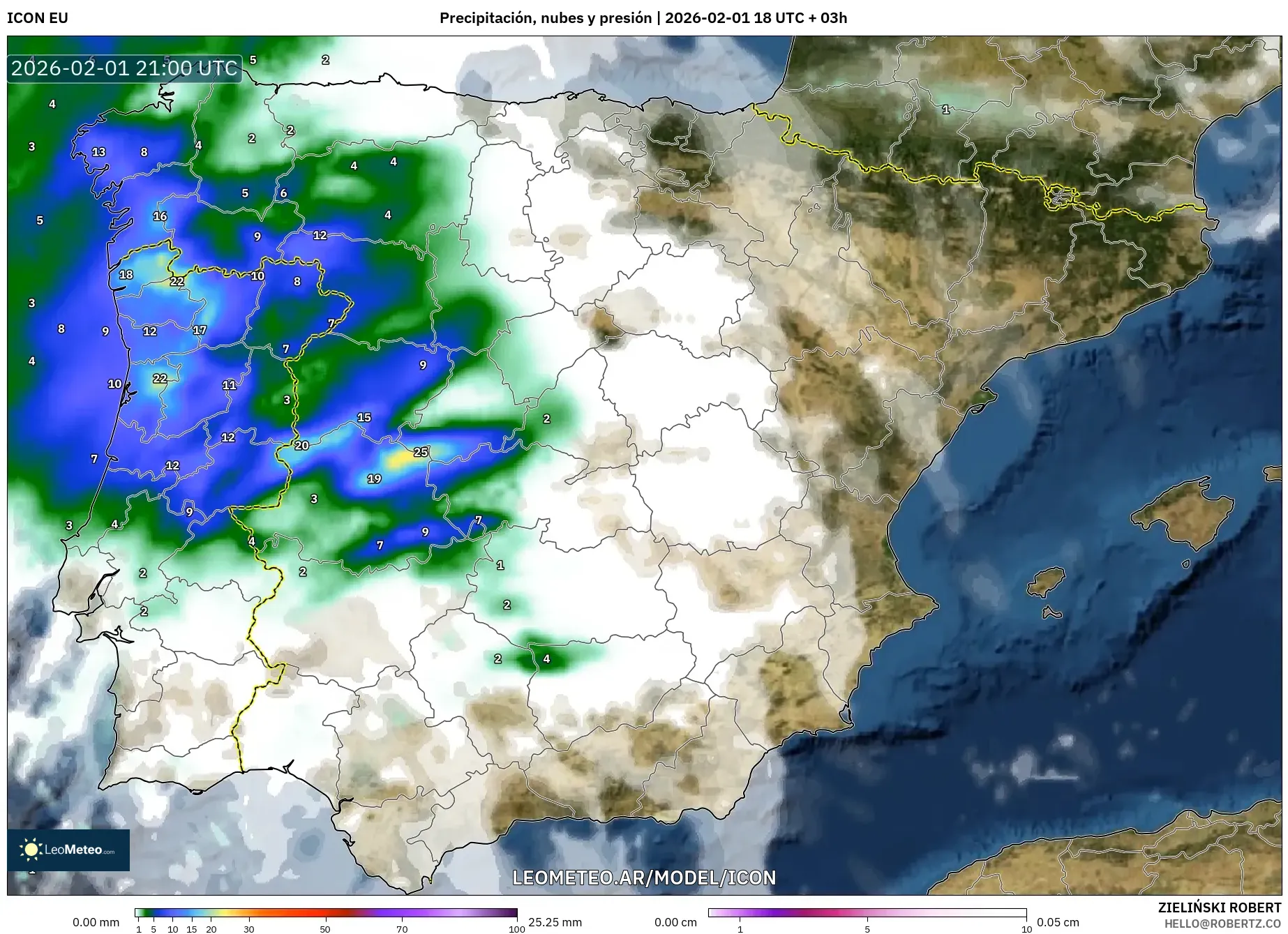 ICON model - España, Precipitación, nubes y presión