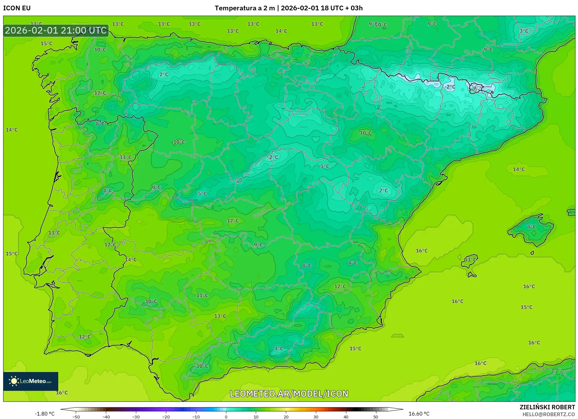 ICON model - España, Temperatura a 2 m