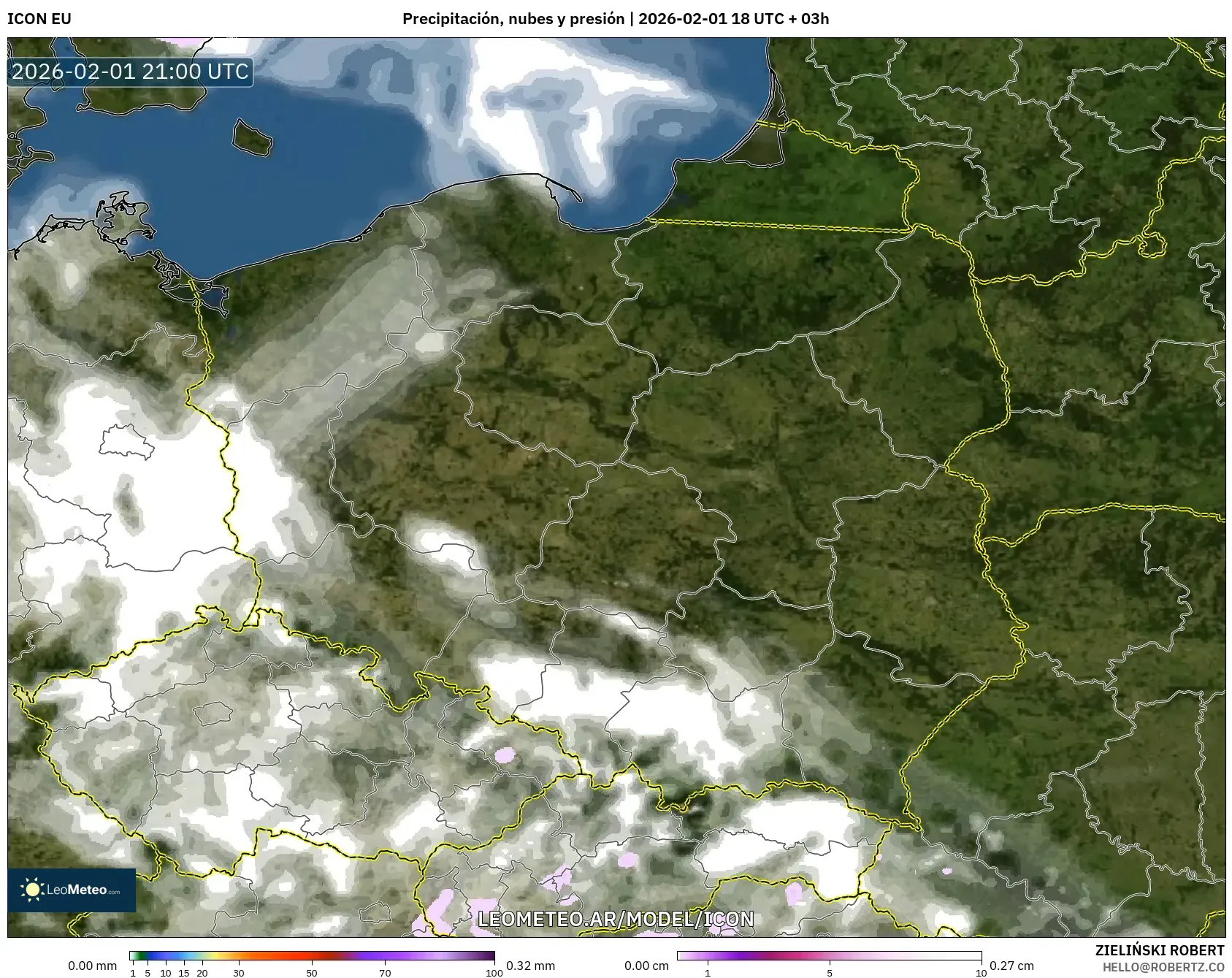 ICON model - Polonia, Precipitación, nubes y presión