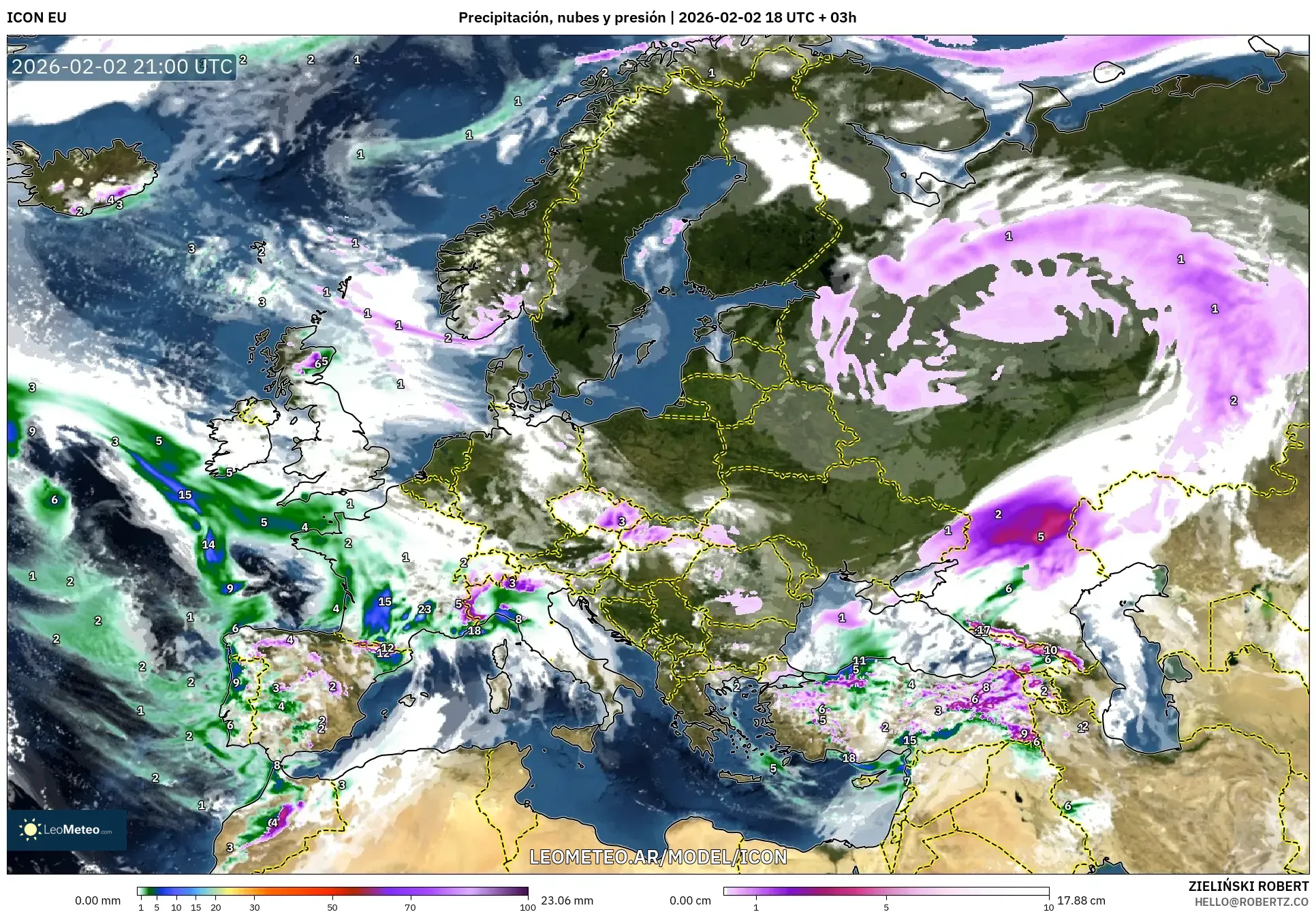 ICON model - Europa, Precipitación, nubes y presión