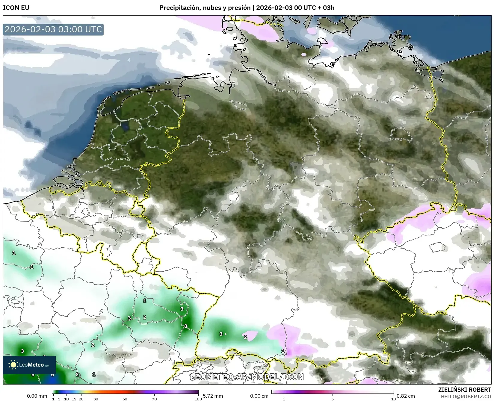 ICON model - Alemania, Precipitación, nubes y presión