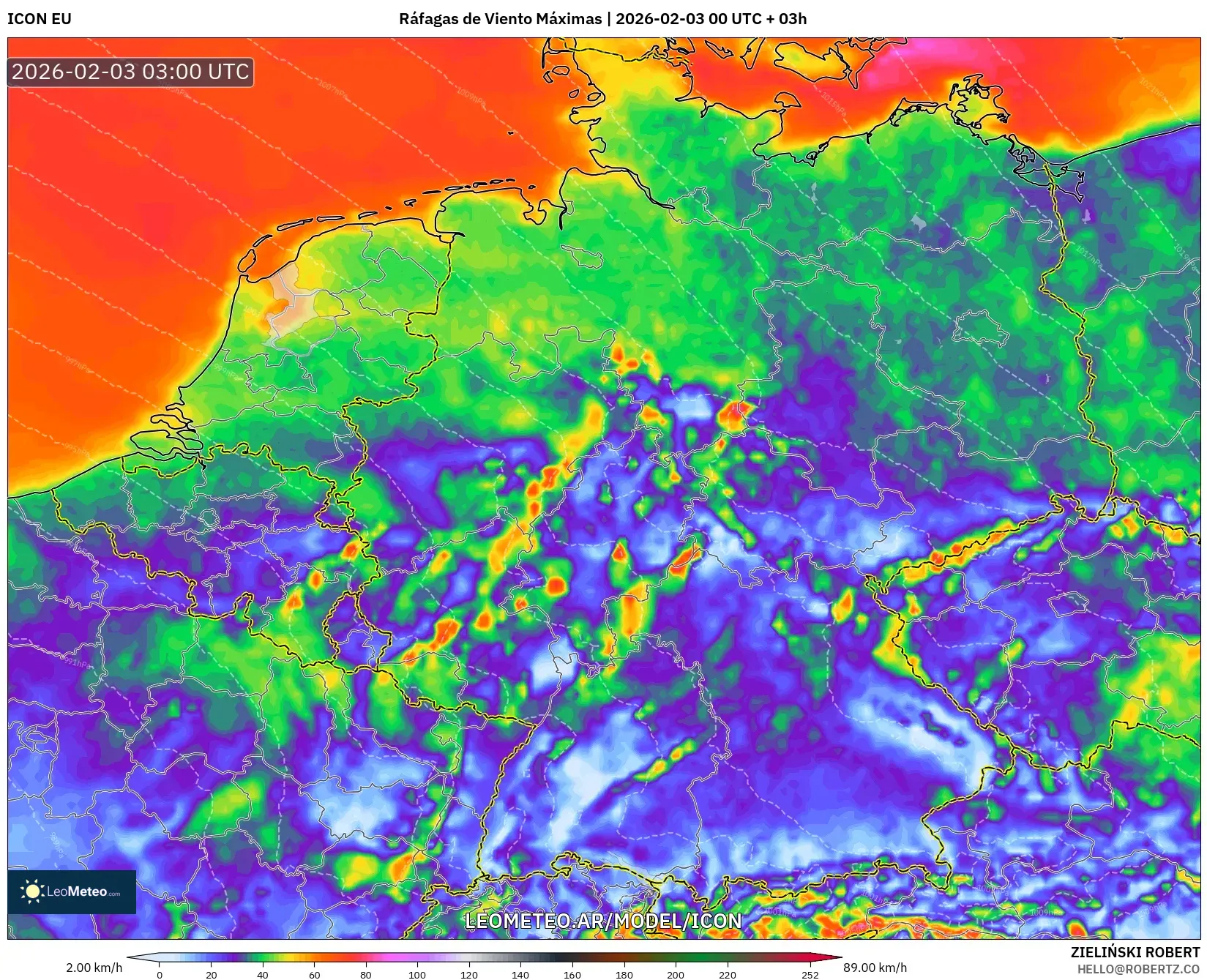 ICON model - Alemania, Ráfagas de Viento Máximas
