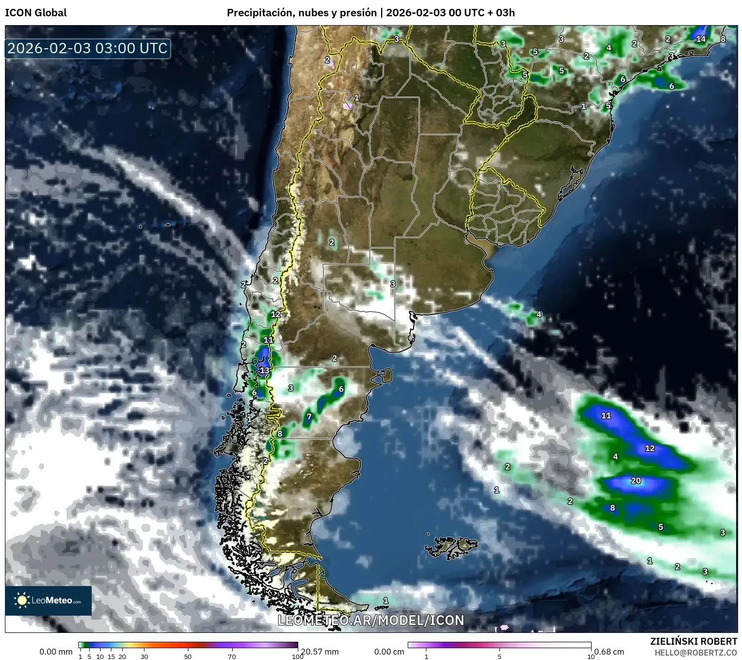 ICON model - Argentina, Precipitación, nubes y presión