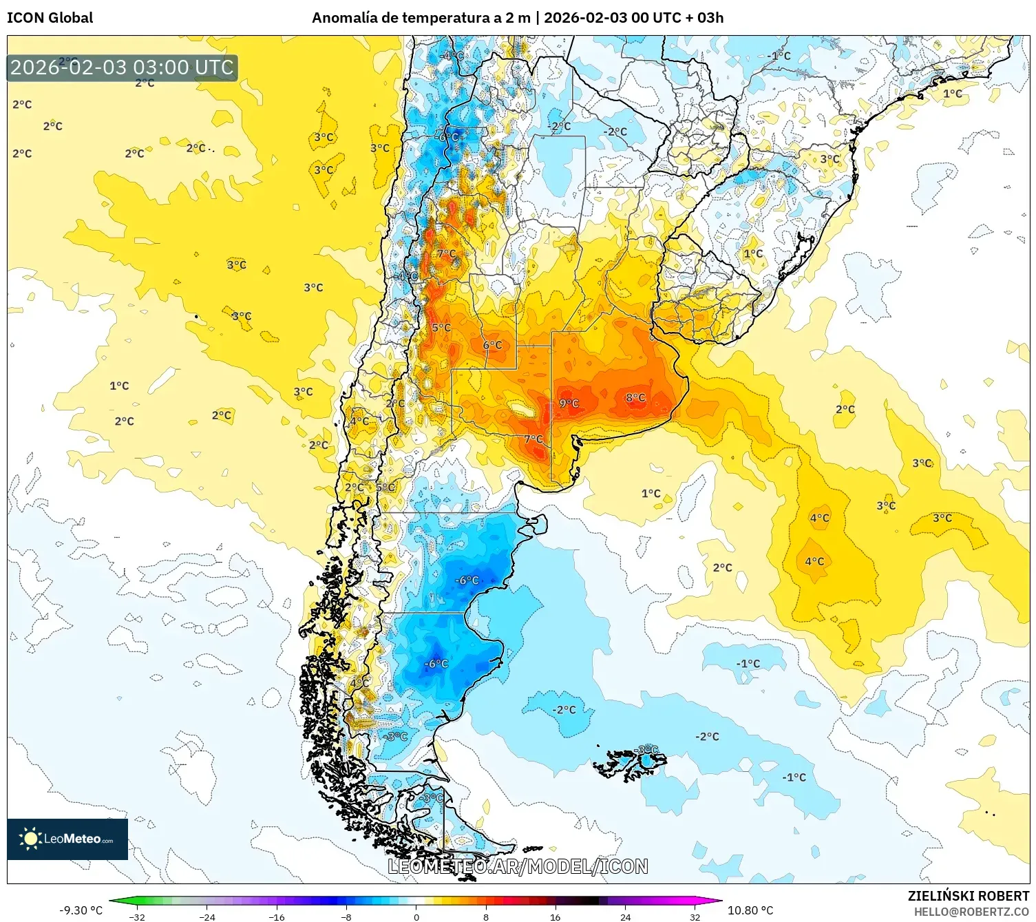 ICON model - Argentina, Anomalía de temperatura a 2 m