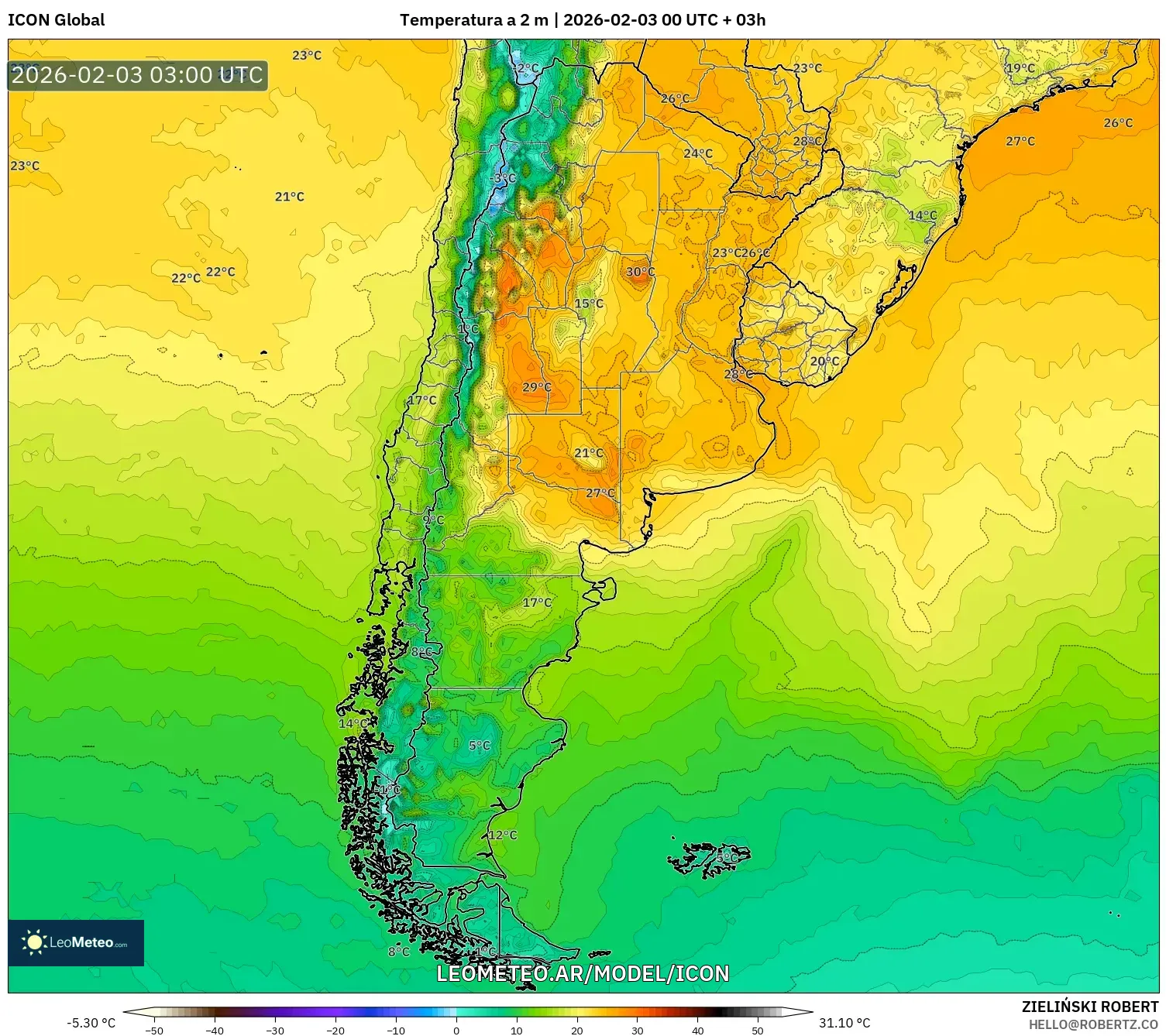 ICON model - Argentina, Temperatura a 2 m