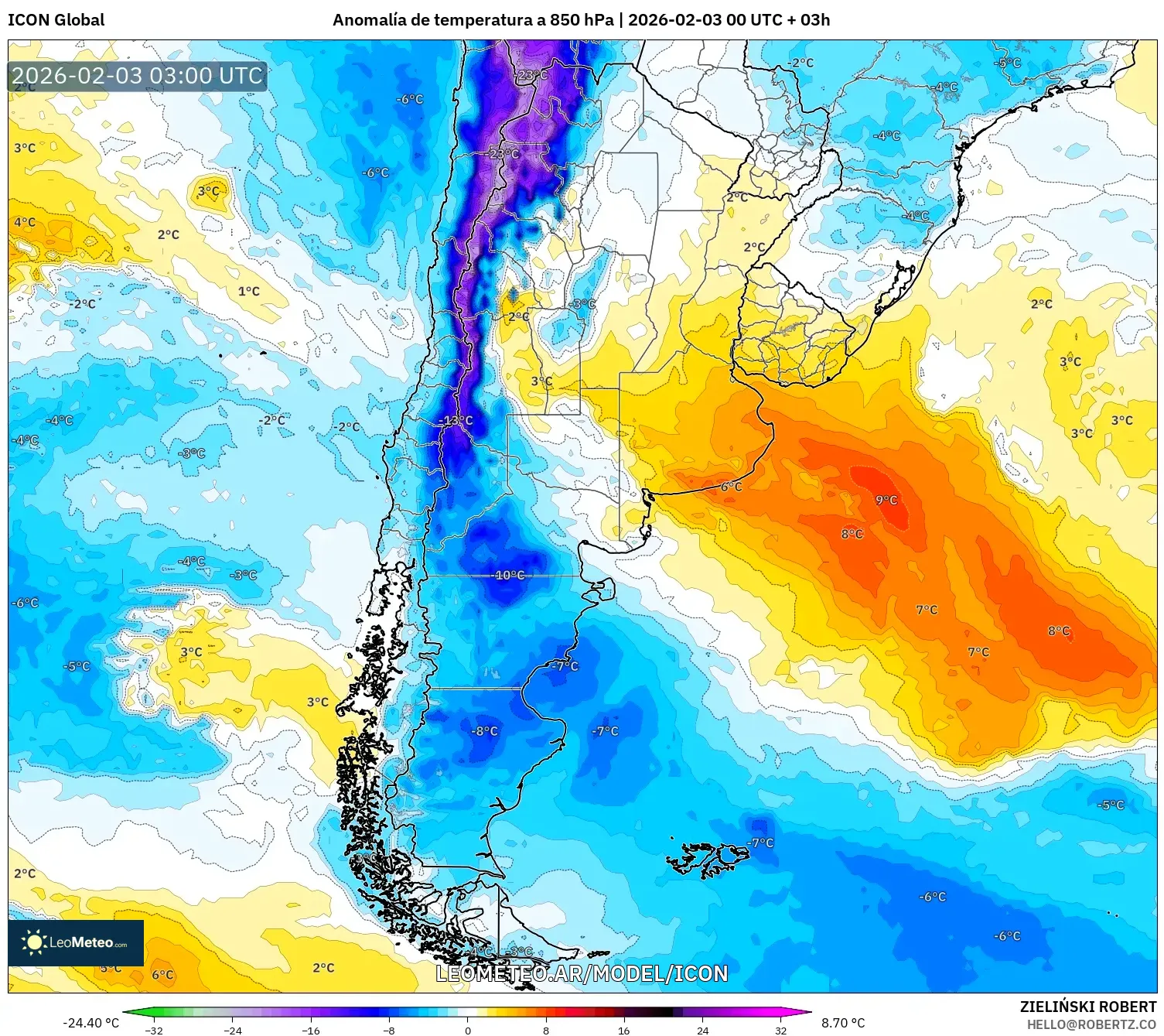 ICON model - Argentina, Anomalía de temperatura a 850 hPa
